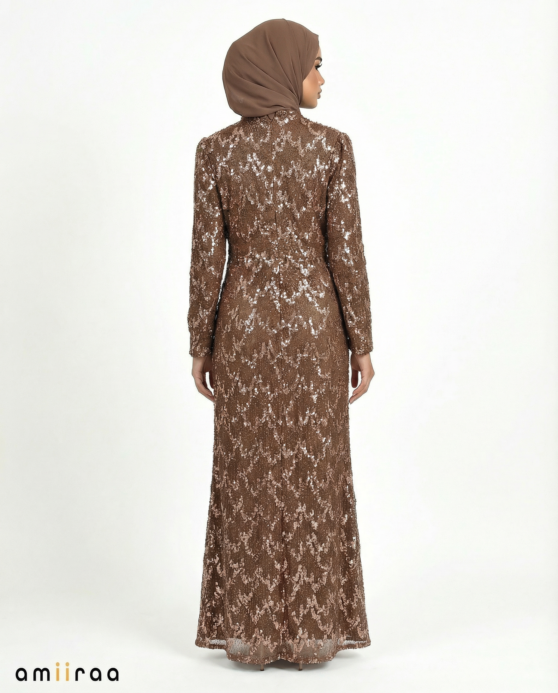 Brandied Melon Fitted Heavy Beaded Chevron Full-Length Maxi Dress