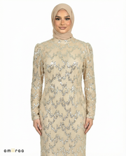 Sheepskin Fitted Heavy Beaded Chevron Full-Length Maxi Dress