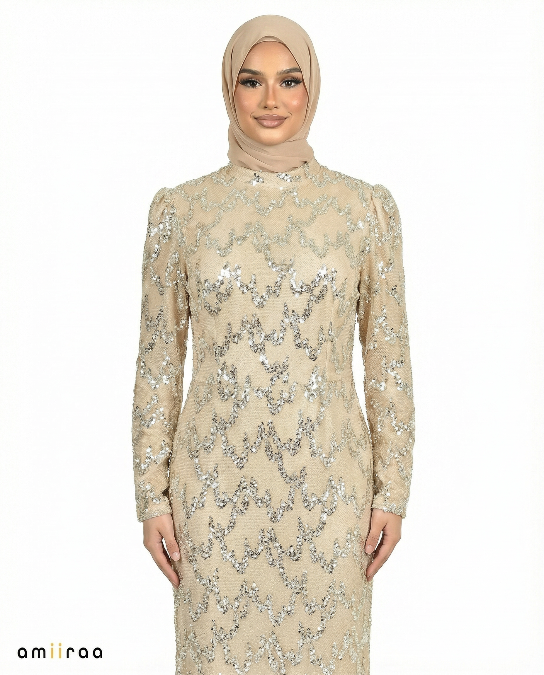 Sheepskin Fitted Heavy Beaded Chevron Full-Length Maxi Dress