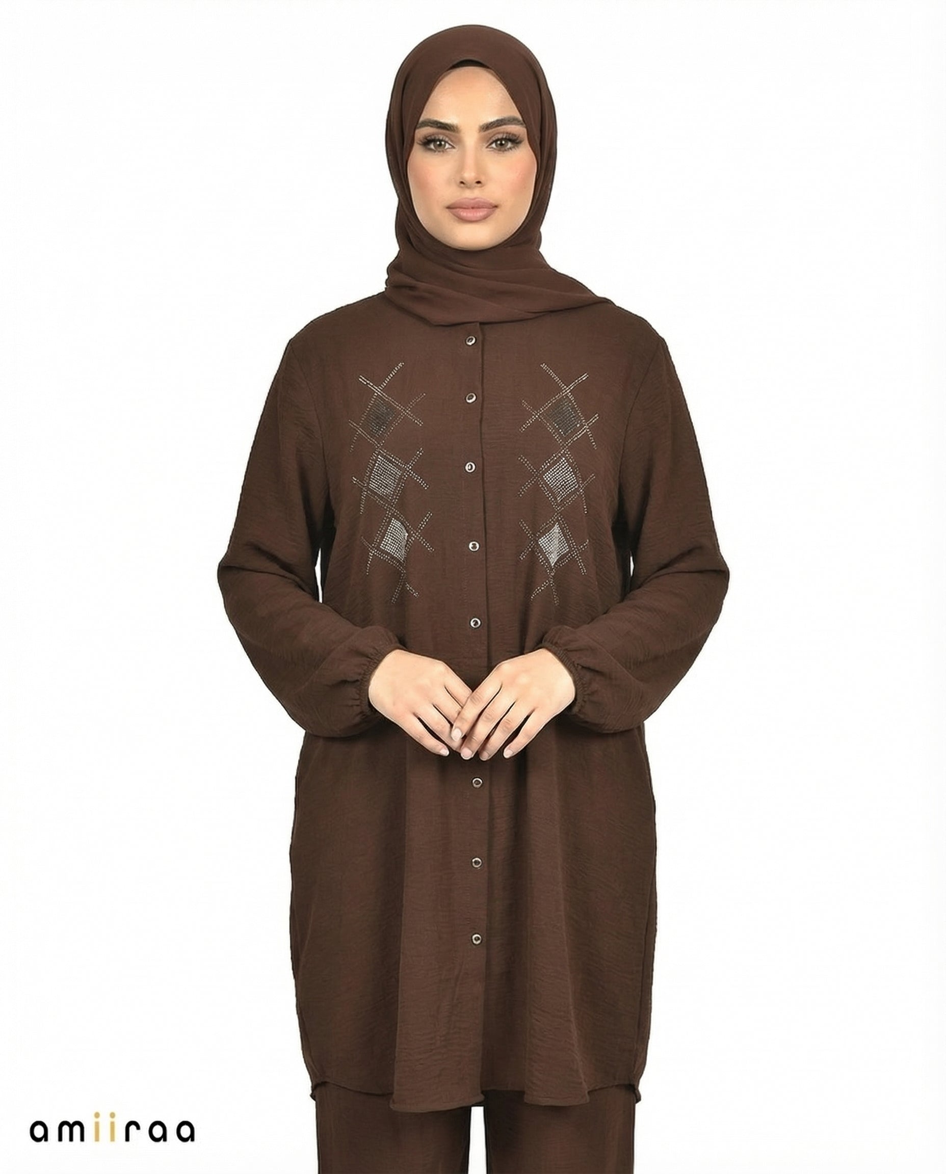 Brown Stone Diamante Embellished Modest 2PC Set