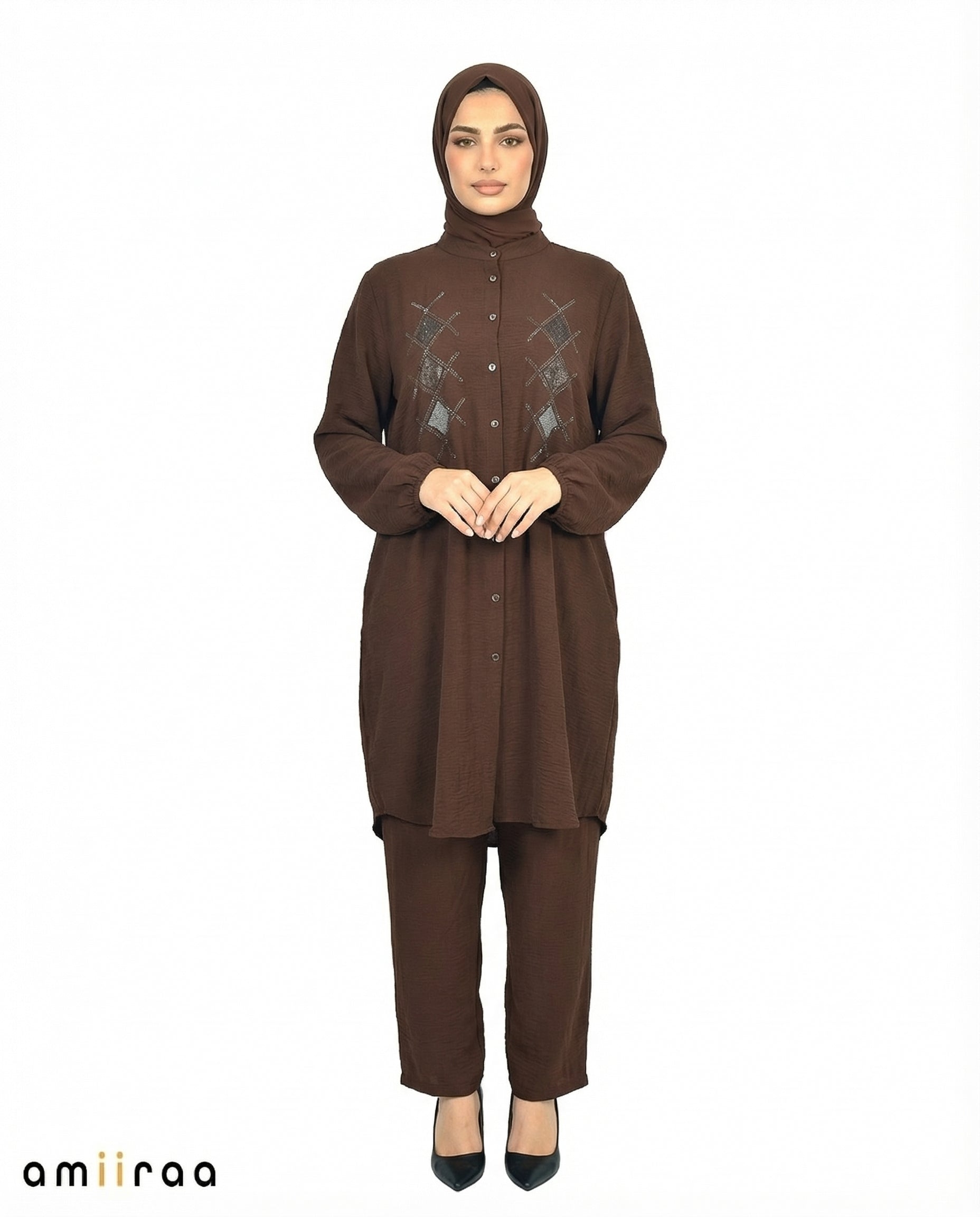 Brown Stone Diamante Embellished Modest 2PC Set