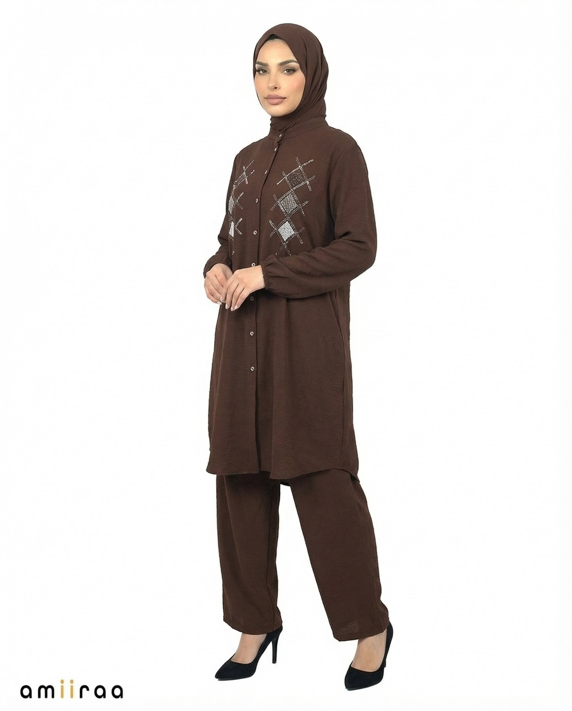 Brown Stone Diamante Embellished Modest 2PC Set