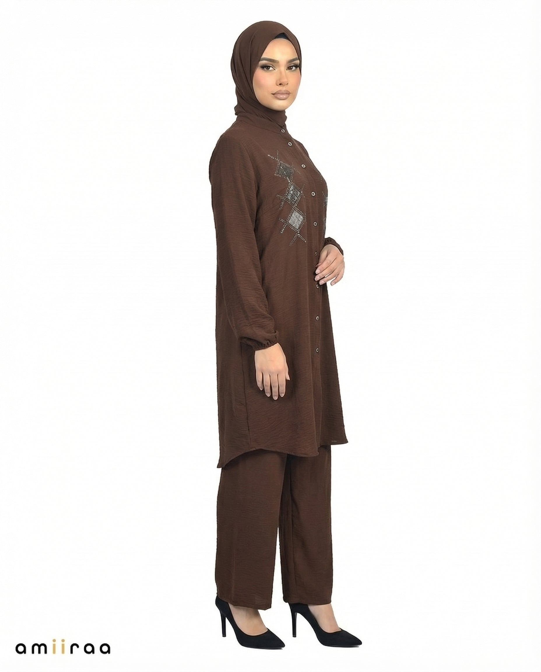 Brown Stone Diamante Embellished Modest 2PC Set