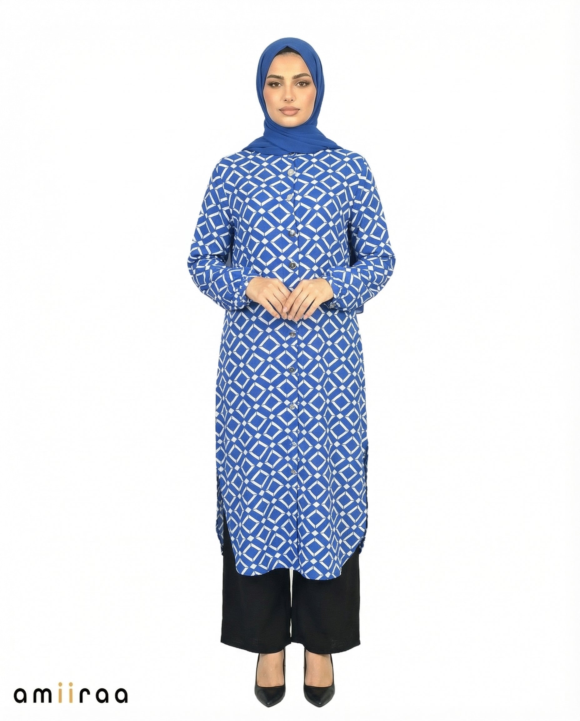 Dazzling Blue Diamond Print Tunic & Pants 2-Piece Set