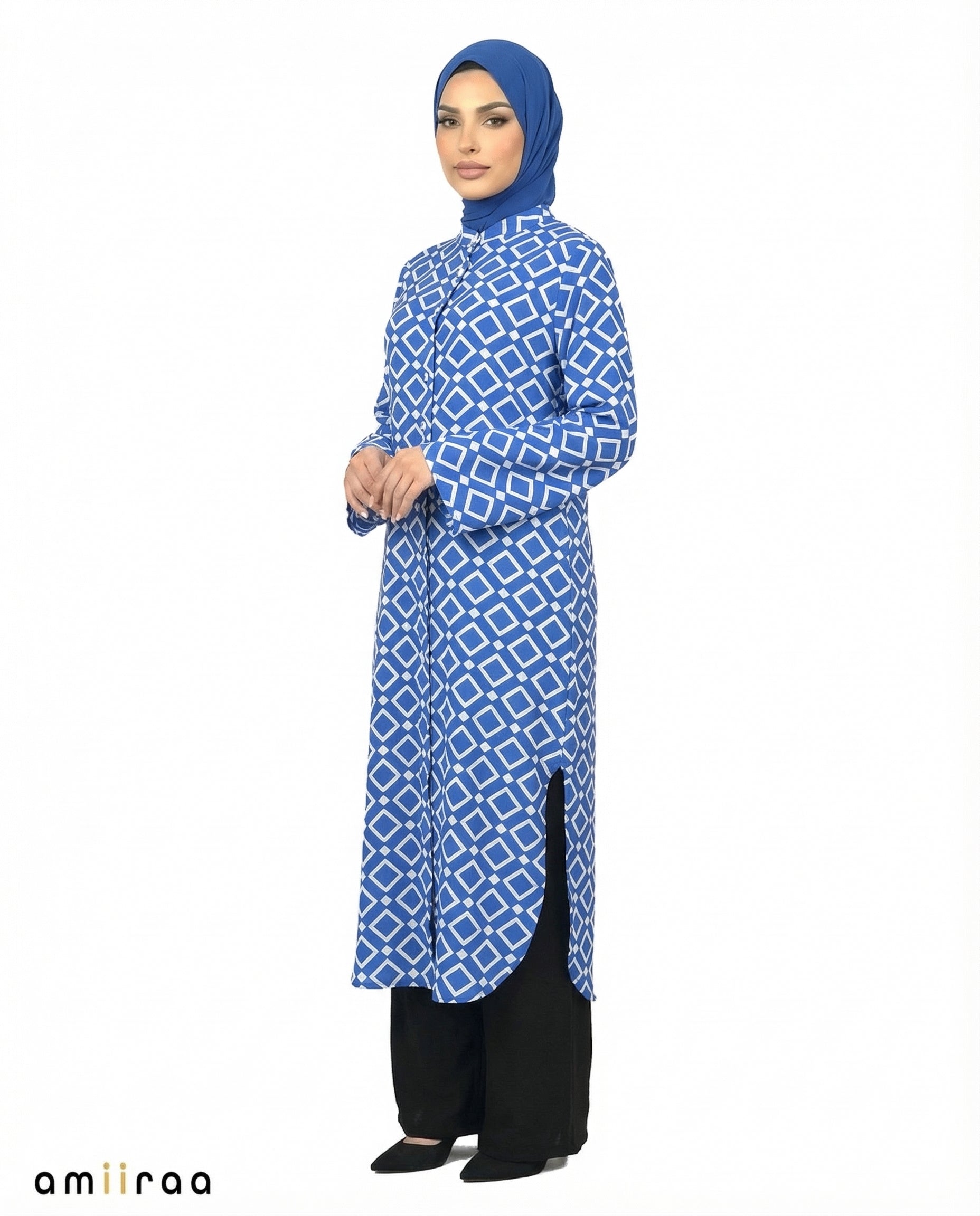 Dazzling Blue Diamond Print Tunic & Pants 2-Piece Set