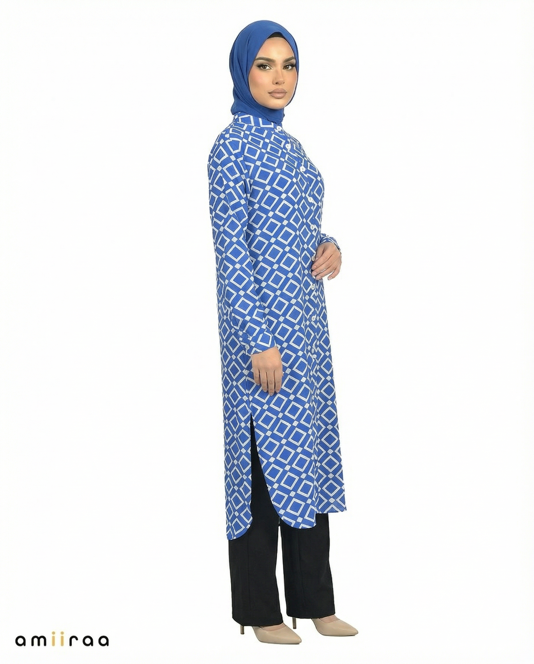 Dazzling Blue Diamond Print Tunic & Pants 2-Piece Set