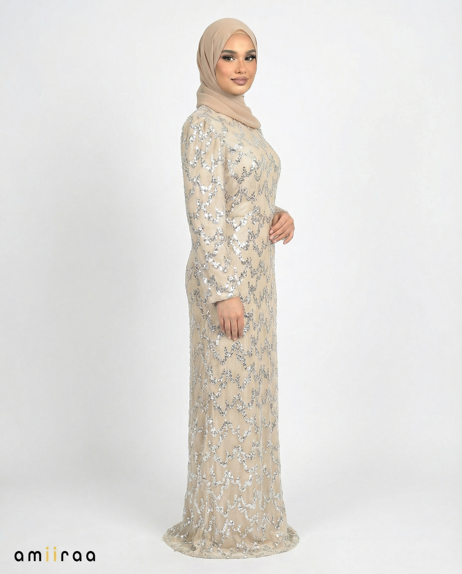 Sheepskin Fitted Heavy Beaded Chevron Full-Length Maxi Dress