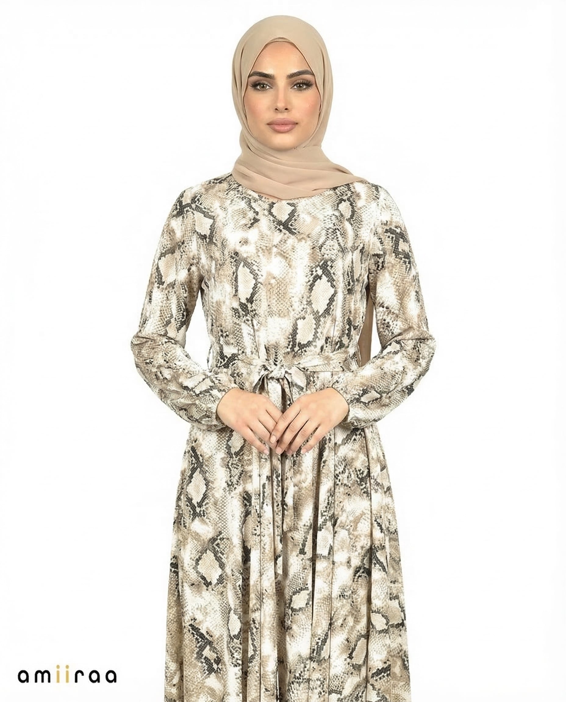 Seagrass Print Tie-Waist Modest Maxi Dress