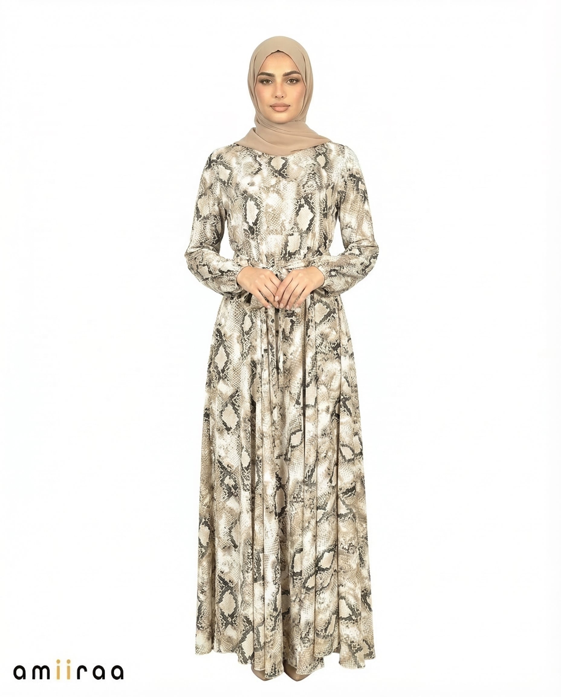 Seagrass Print Tie-Waist Modest Maxi Dress