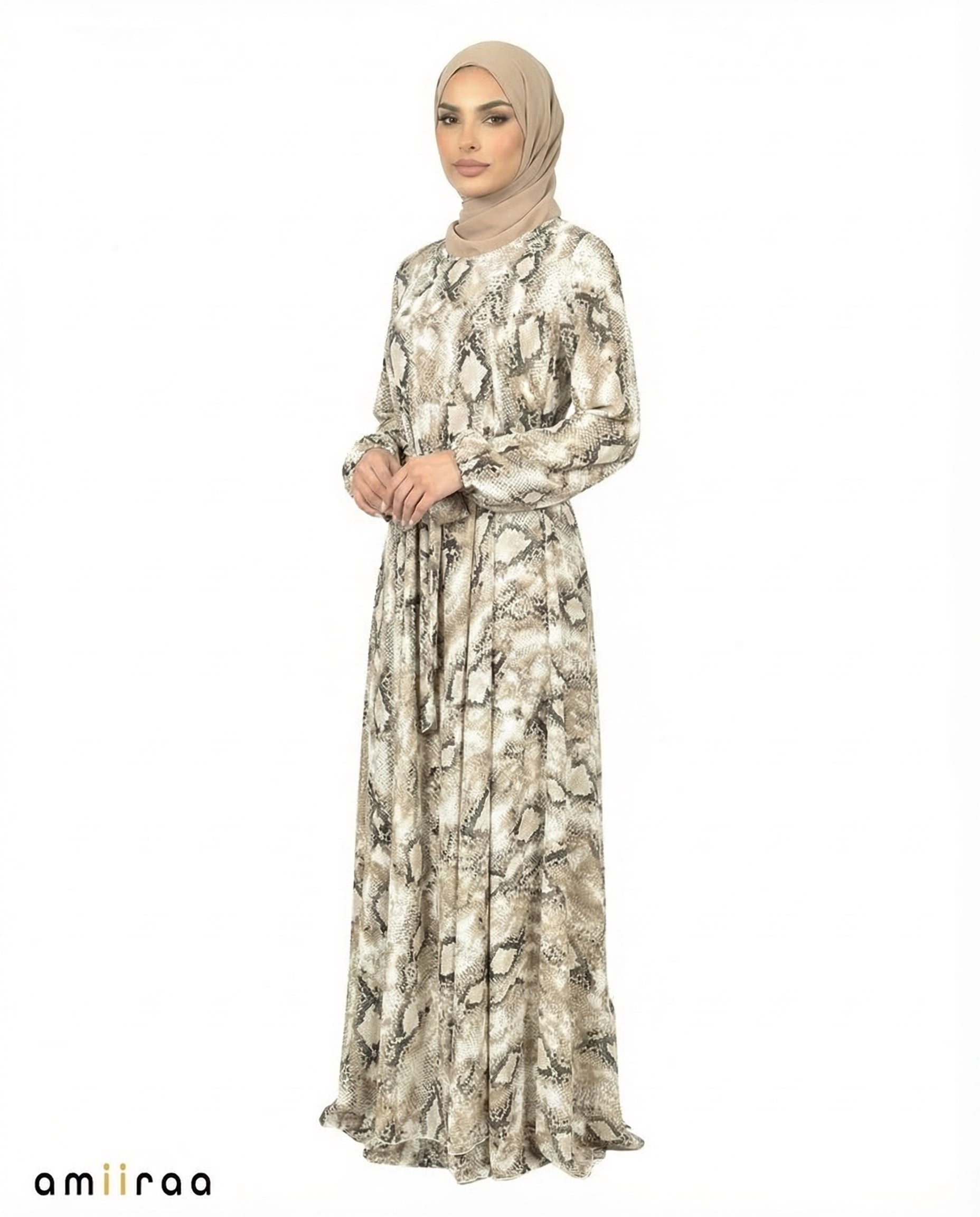 Seagrass Print Tie-Waist Modest Maxi Dress