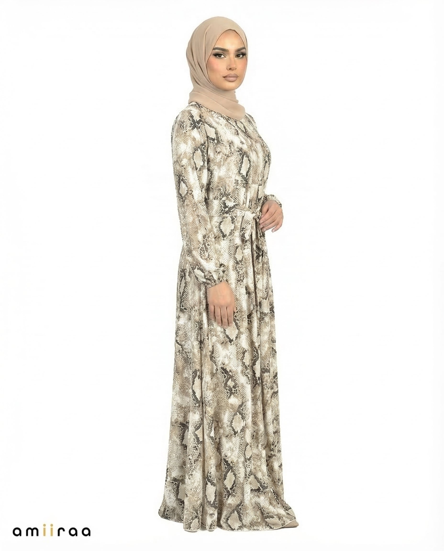Seagrass Print Tie-Waist Modest Maxi Dress