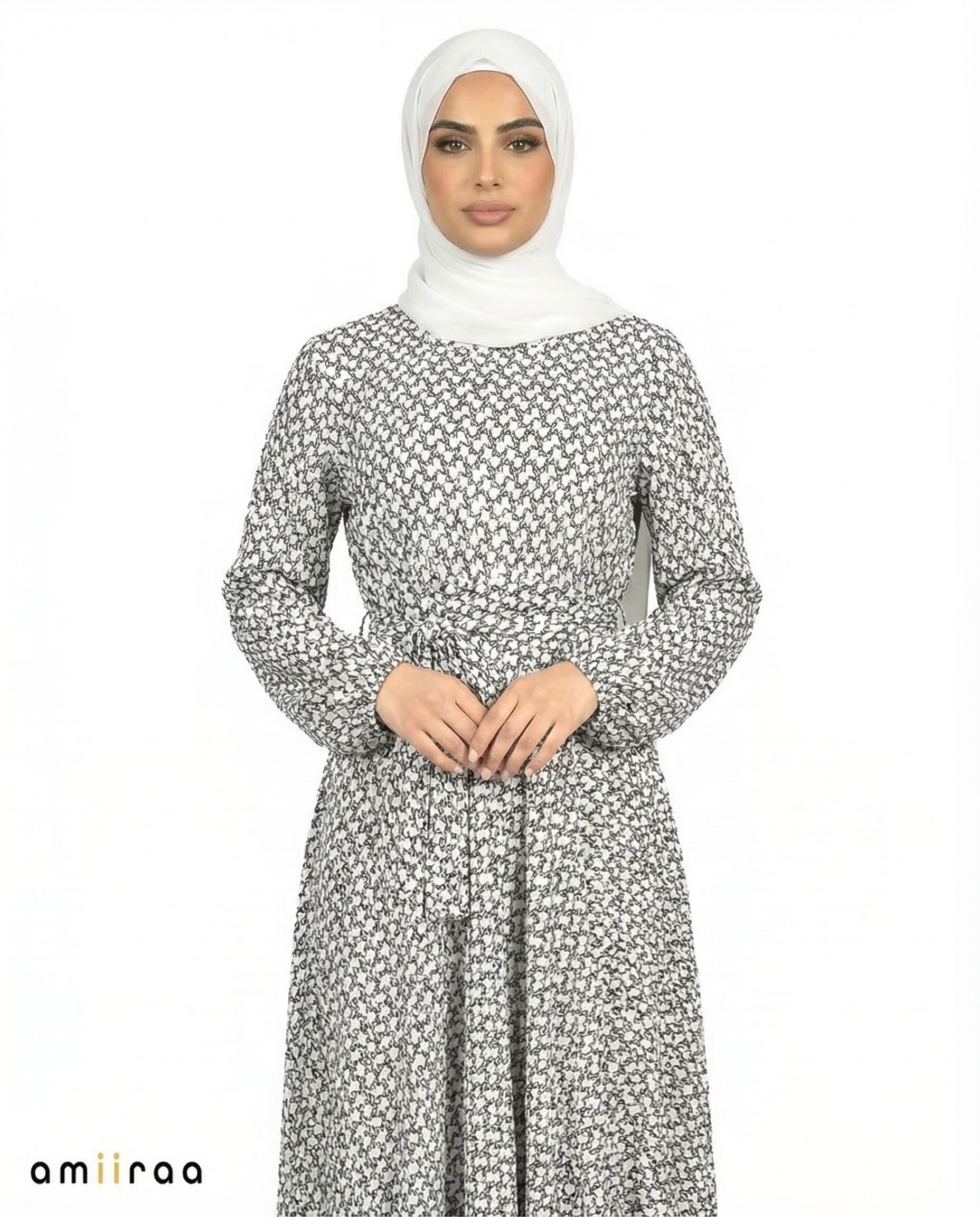 Brilliant White Elegant Printed Tie-Waist Modest Maxi Dress