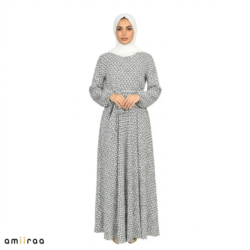Brilliant White Elegant Printed Tie-Waist Modest Maxi Dress