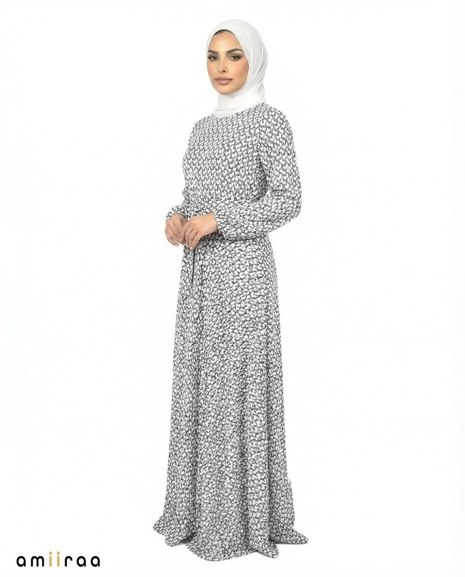 Brilliant White Elegant Printed Tie-Waist Modest Maxi Dress