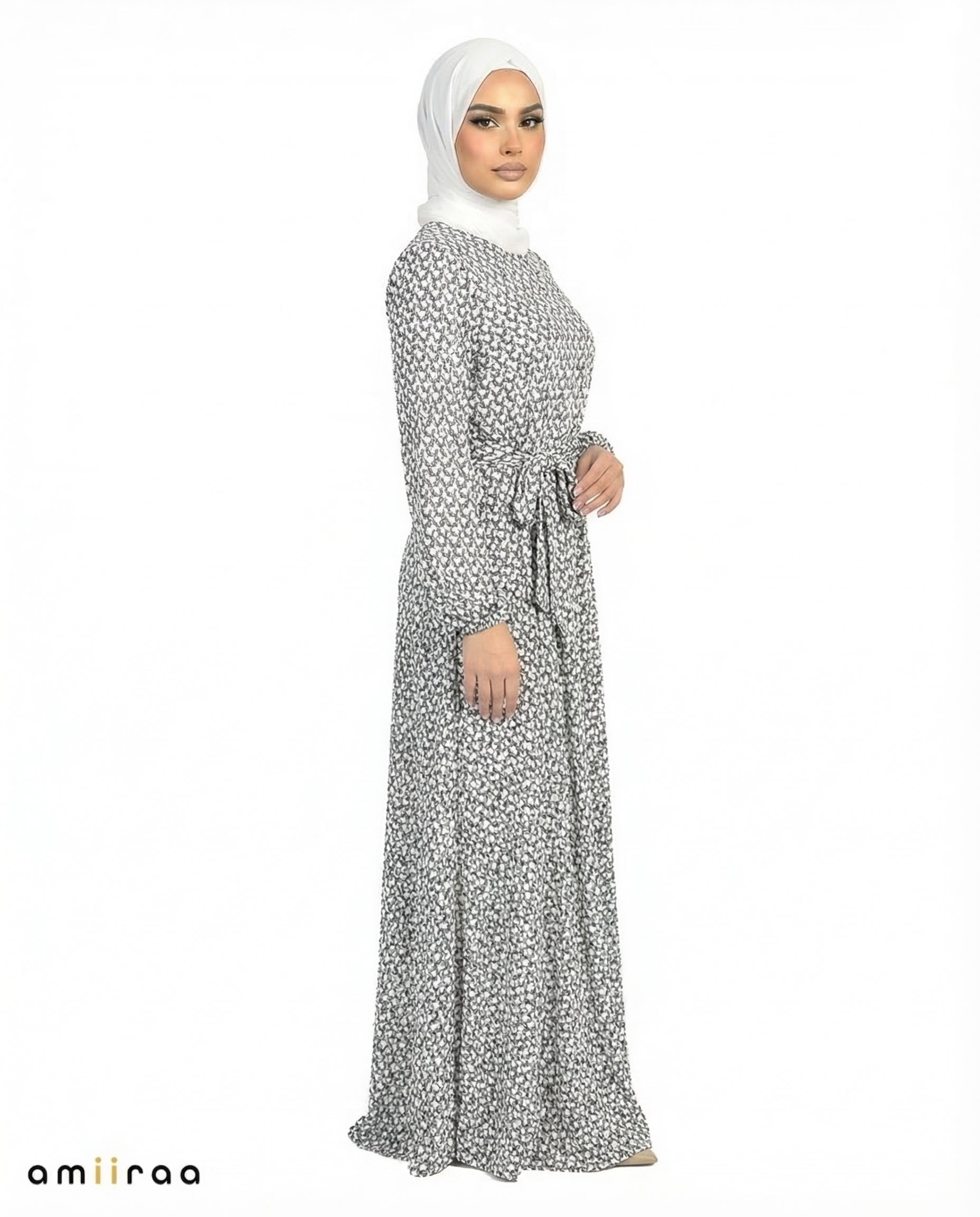 Brilliant White Elegant Printed Tie-Waist Modest Maxi Dress