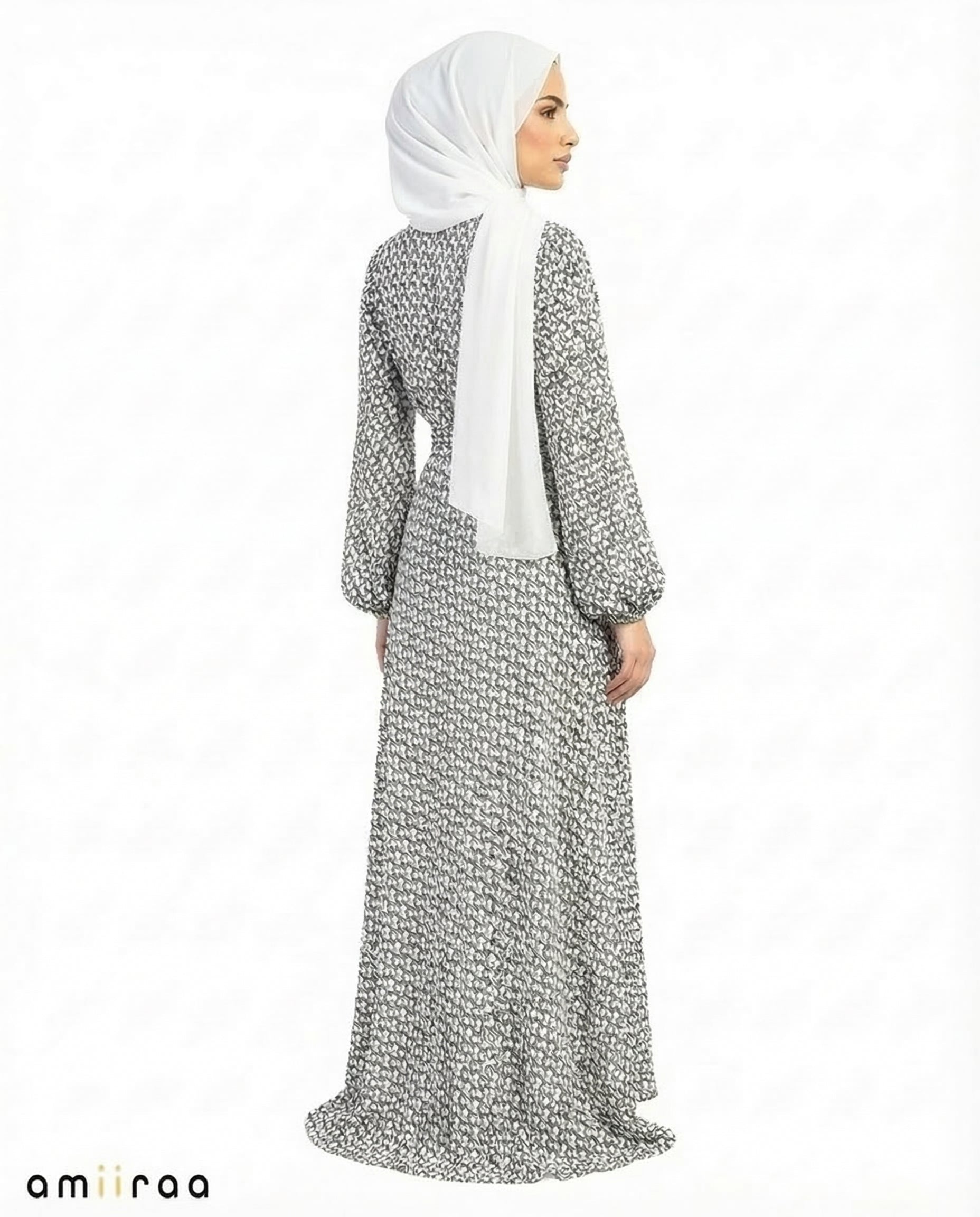 Brilliant White Elegant Printed Tie-Waist Modest Maxi Dress