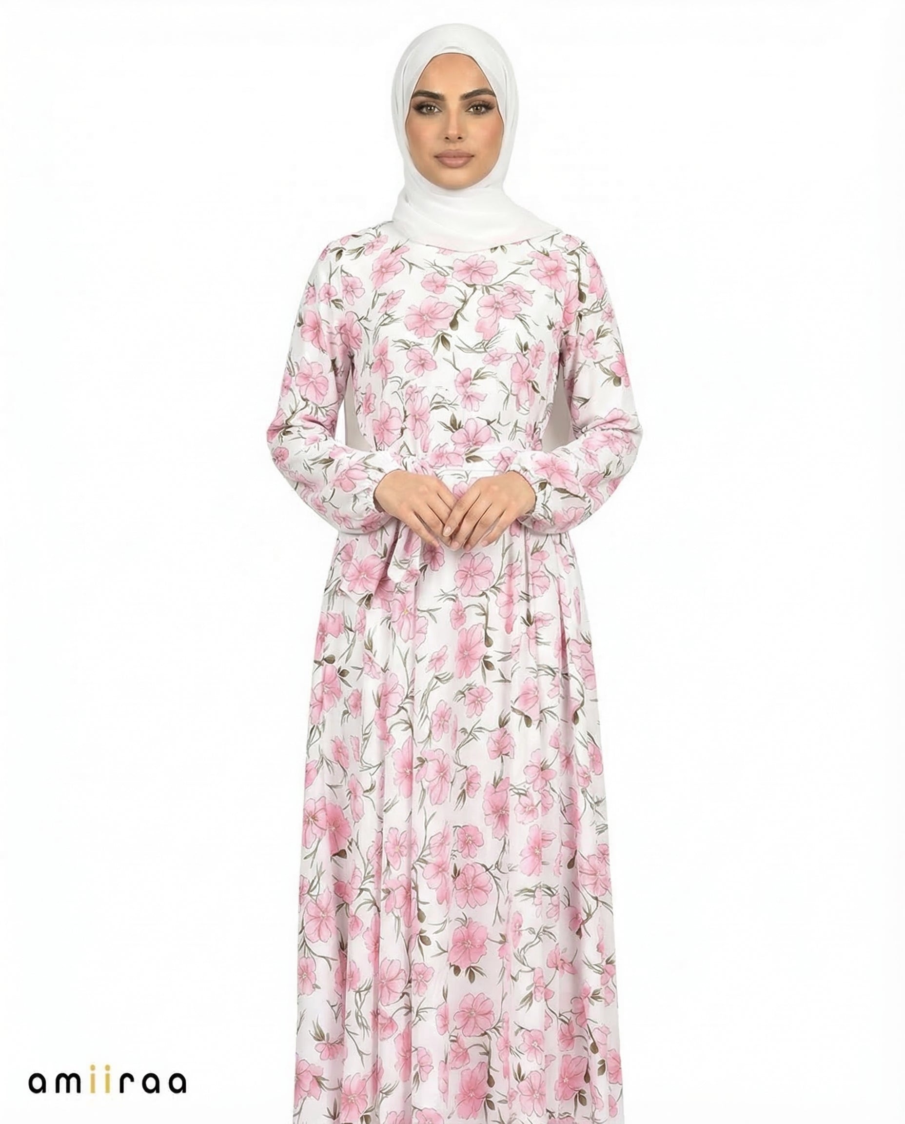 Wild Rose Print Tie-Waist Modest Maxi Dress