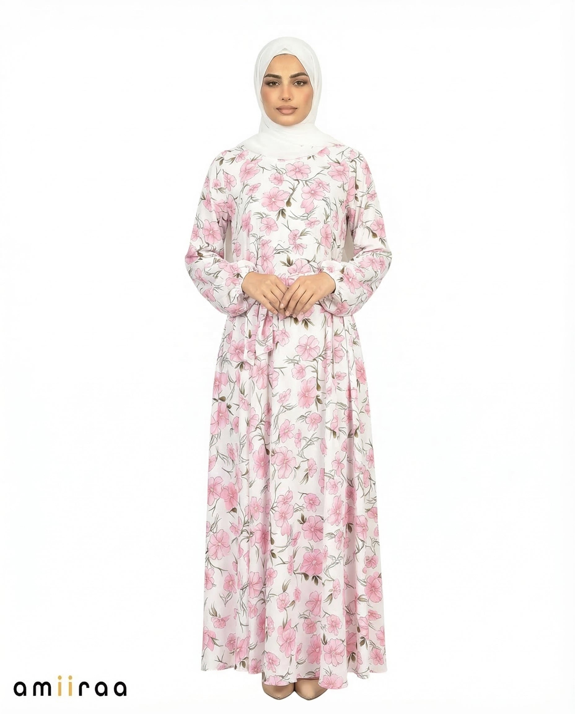 Wild Rose Print Tie-Waist Modest Maxi Dress