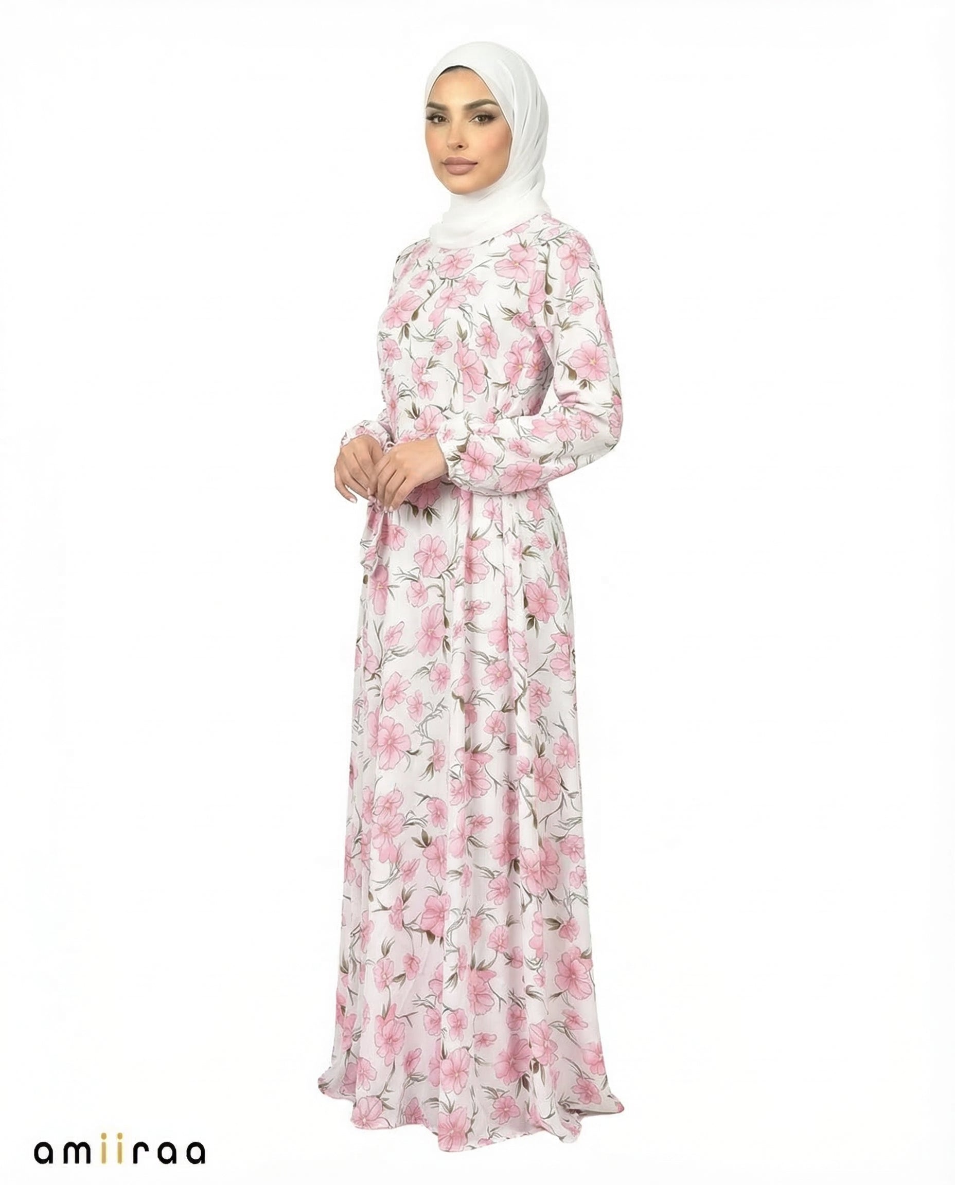 Wild Rose Print Tie-Waist Modest Maxi Dress