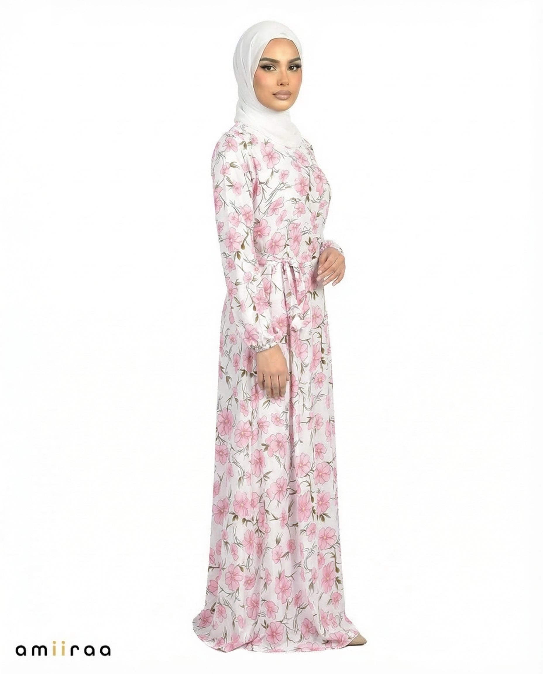 Wild Rose Print Tie-Waist Modest Maxi Dress