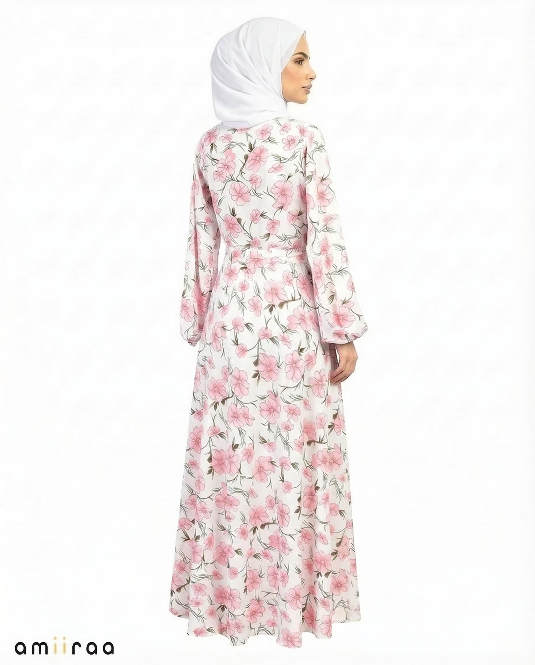 Wild Rose Print Tie-Waist Modest Maxi Dress