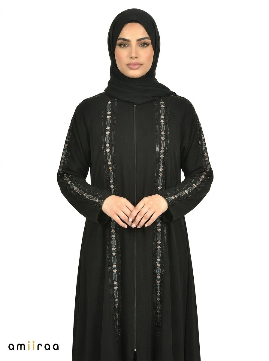 Feldspar Embroidered Sleeve Abaya with Front Zip Closure