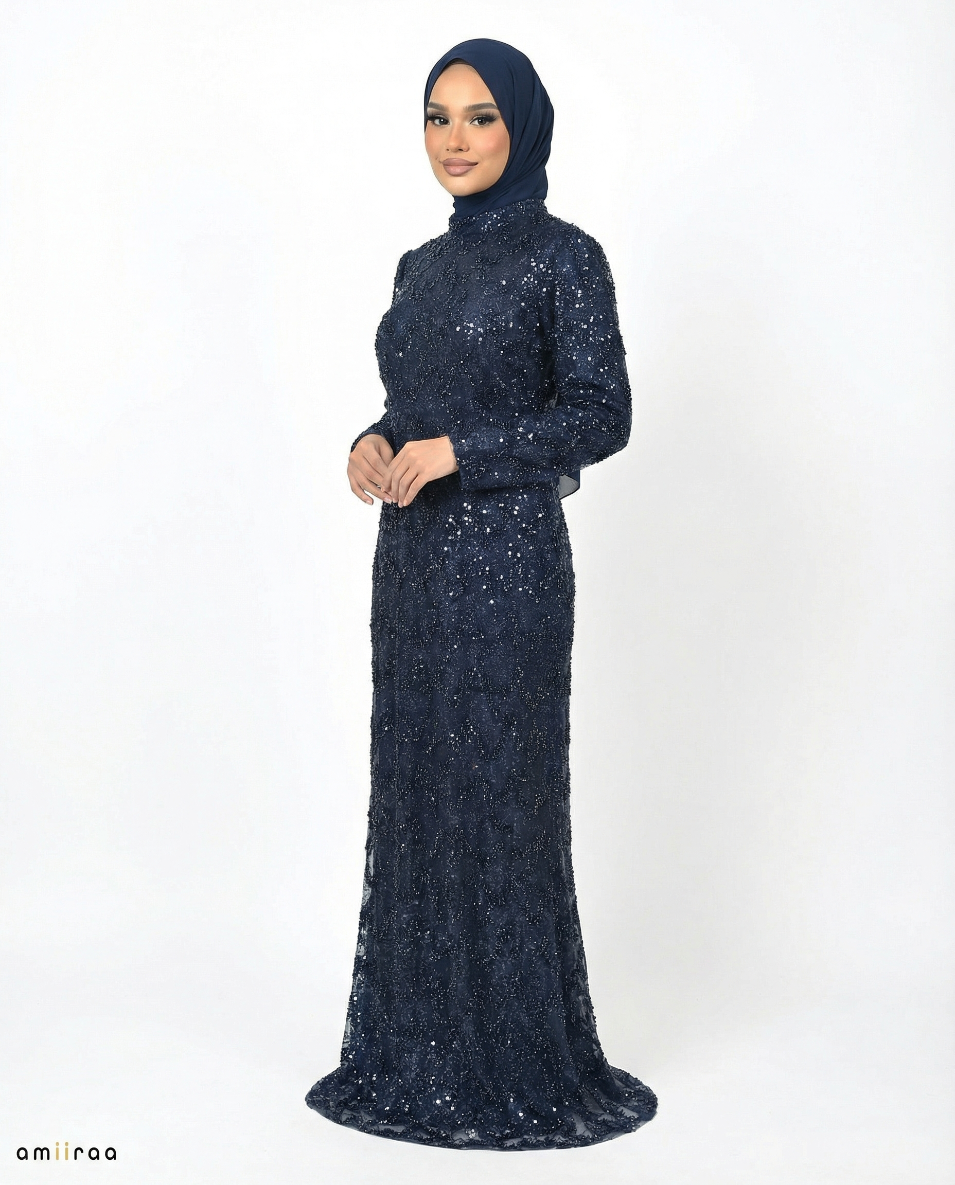 Black Iris Fitted Heavy Beaded Chevron Full-Length Maxi Dress