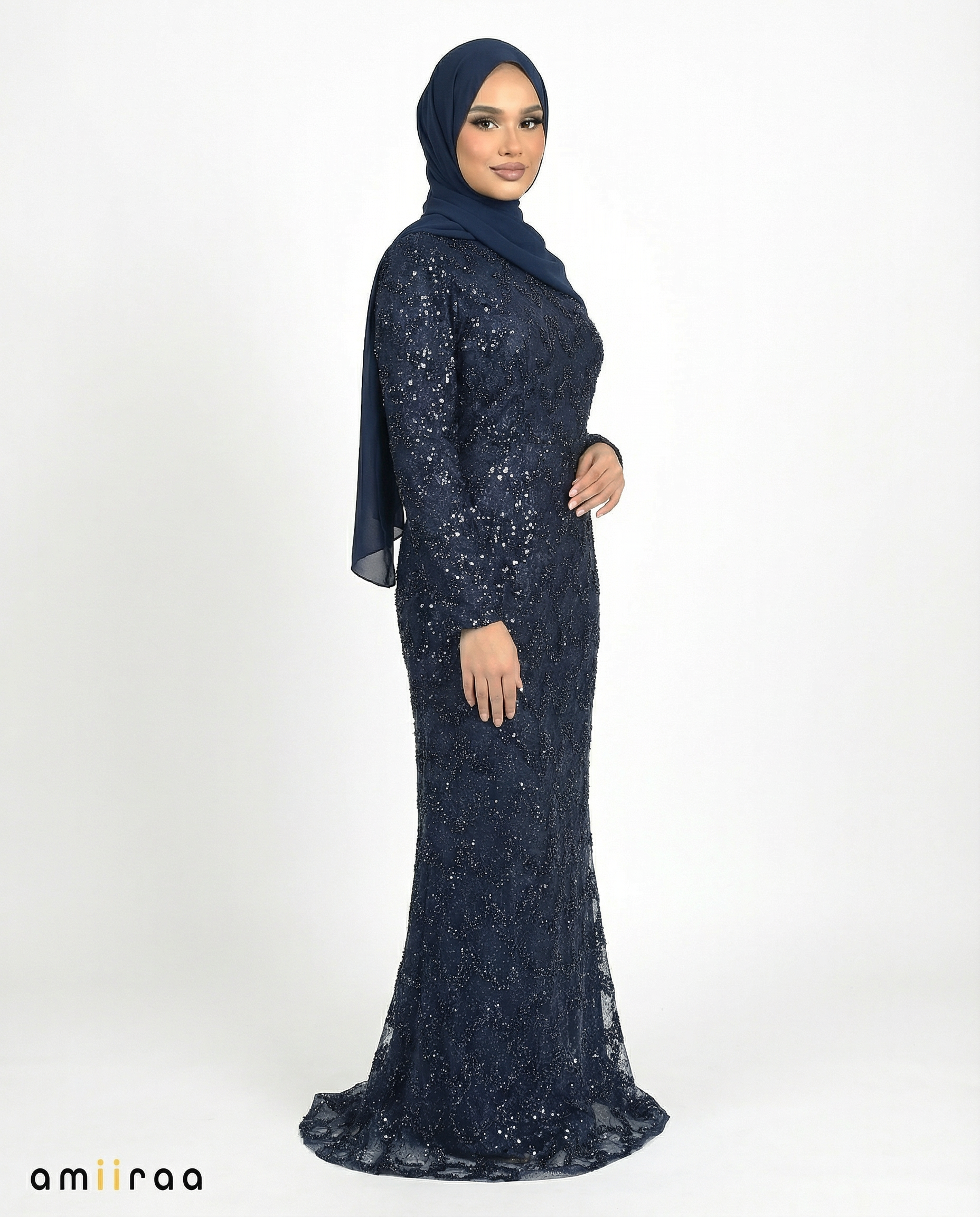 Black Iris Fitted Heavy Beaded Chevron Full-Length Maxi Dress