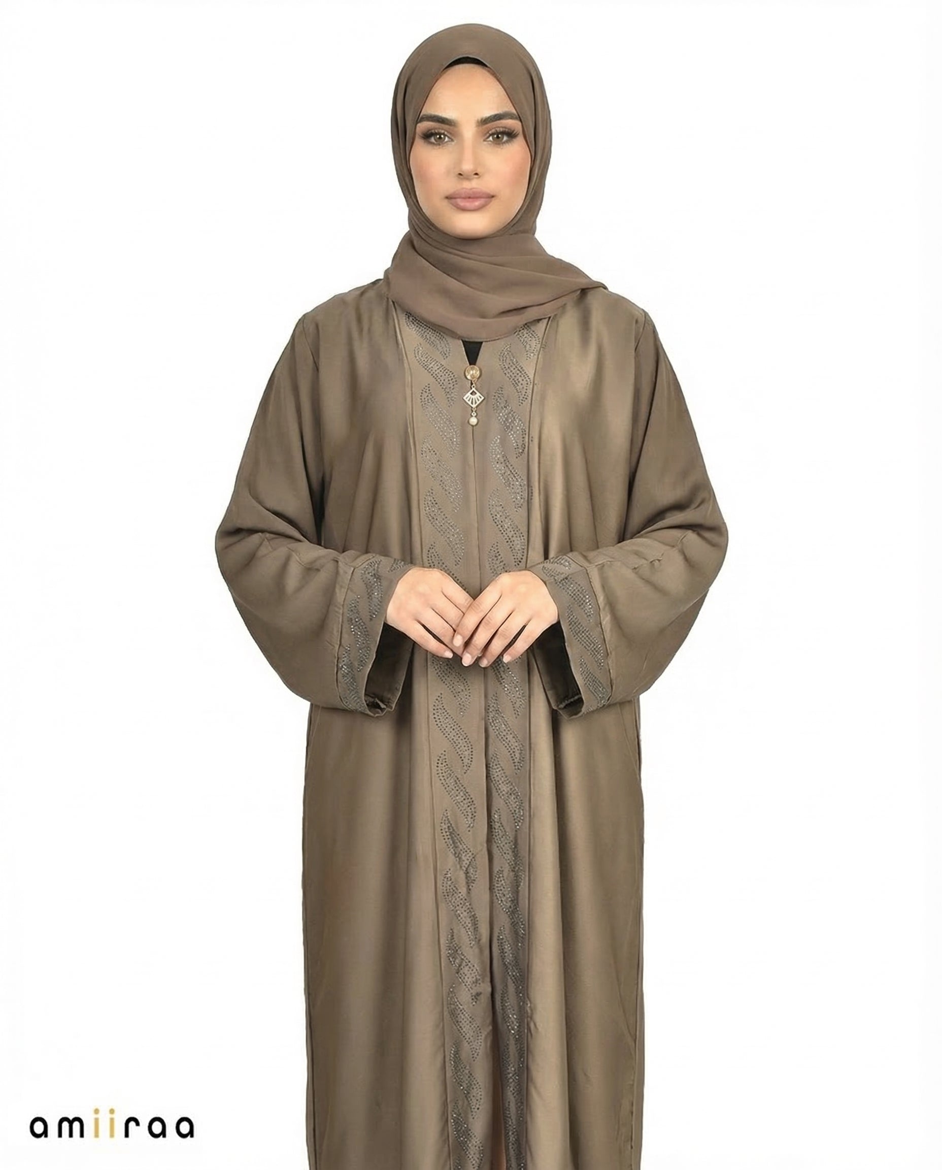 Major Brown Diamante Front Panel Abaya