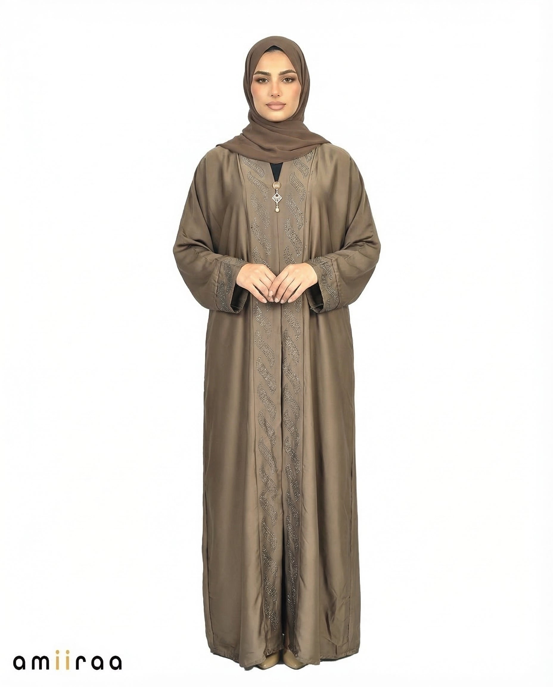 Major Brown Diamante Front Panel Abaya