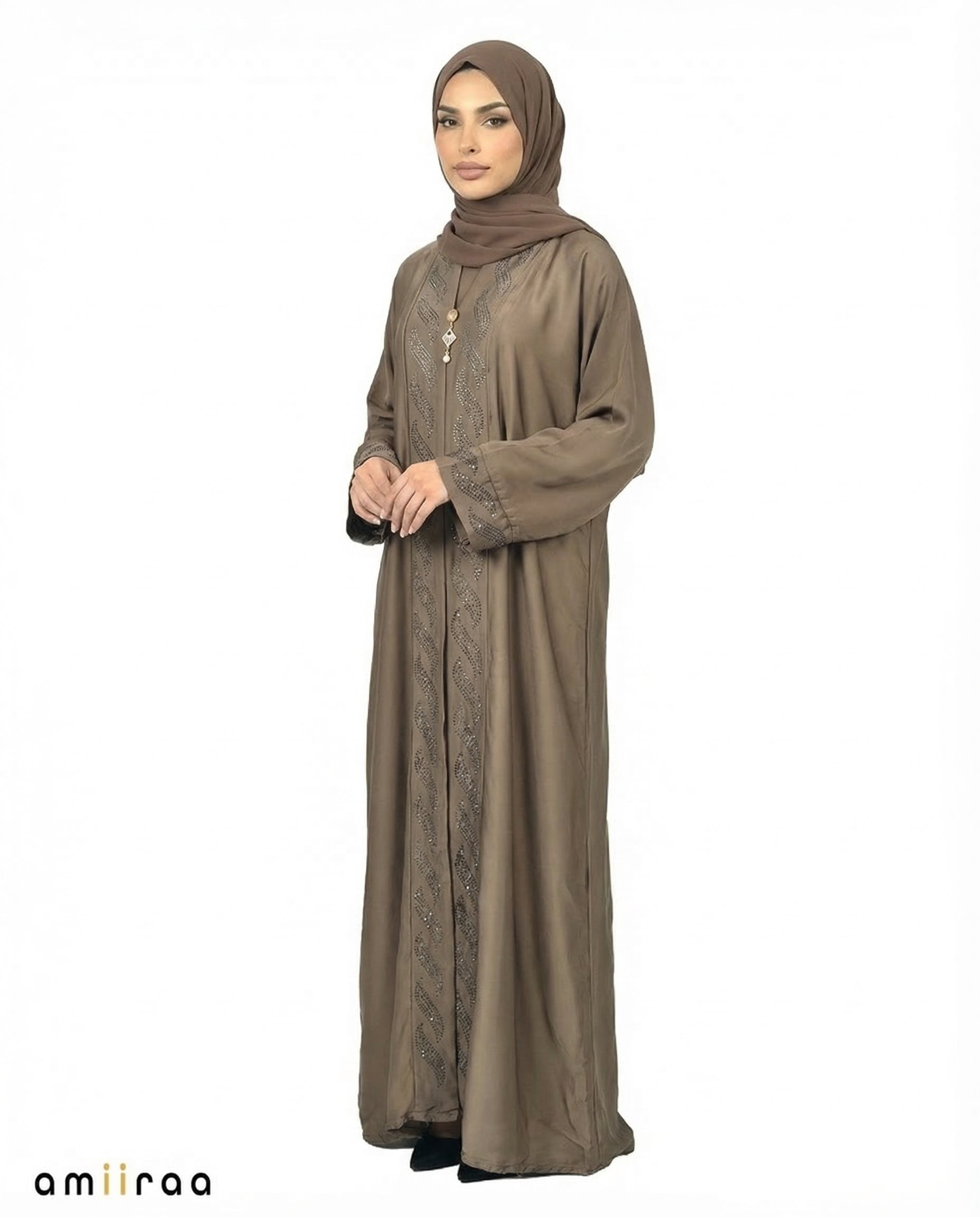 Major Brown Diamante Front Panel Abaya
