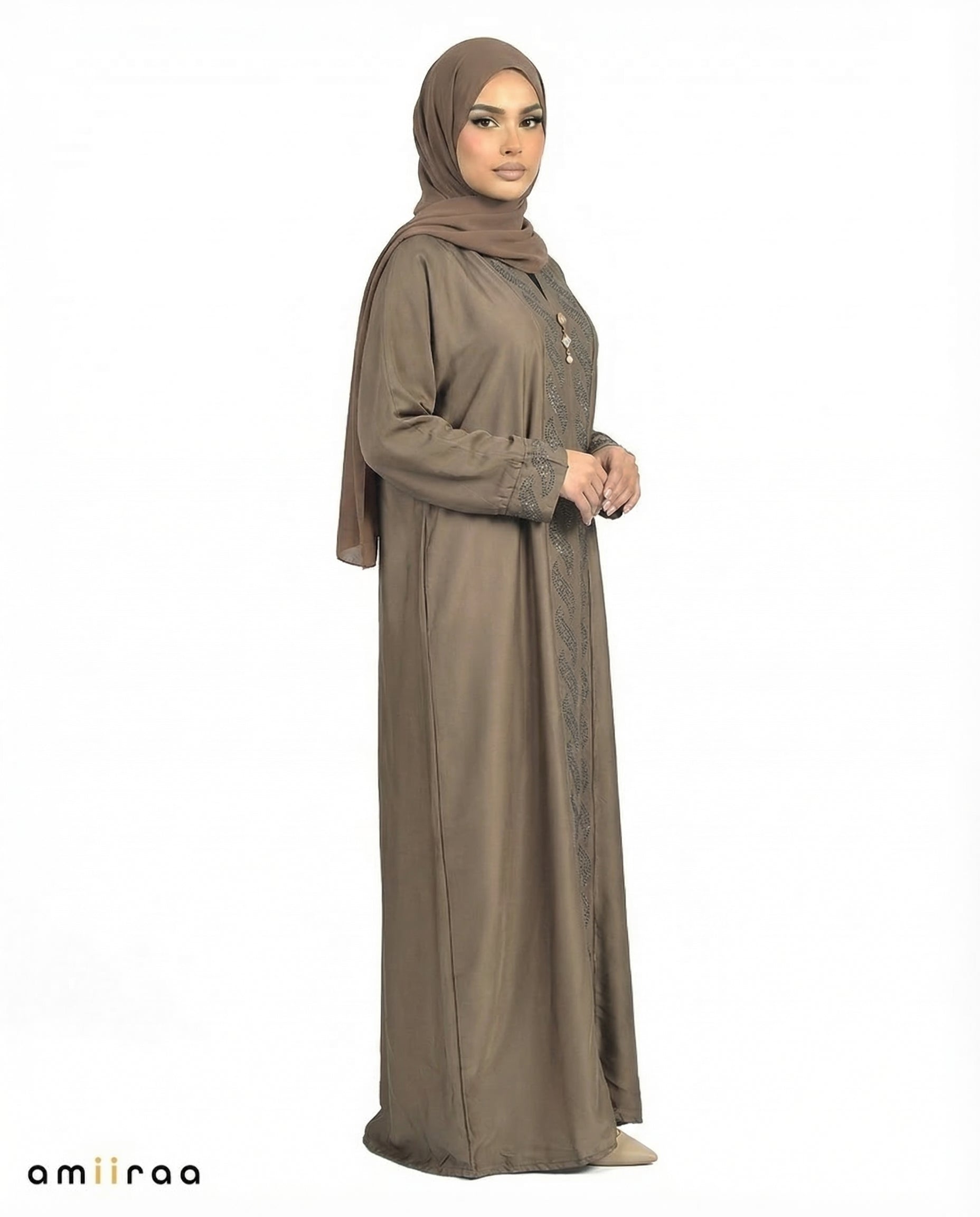 Major Brown Diamante Front Panel Abaya