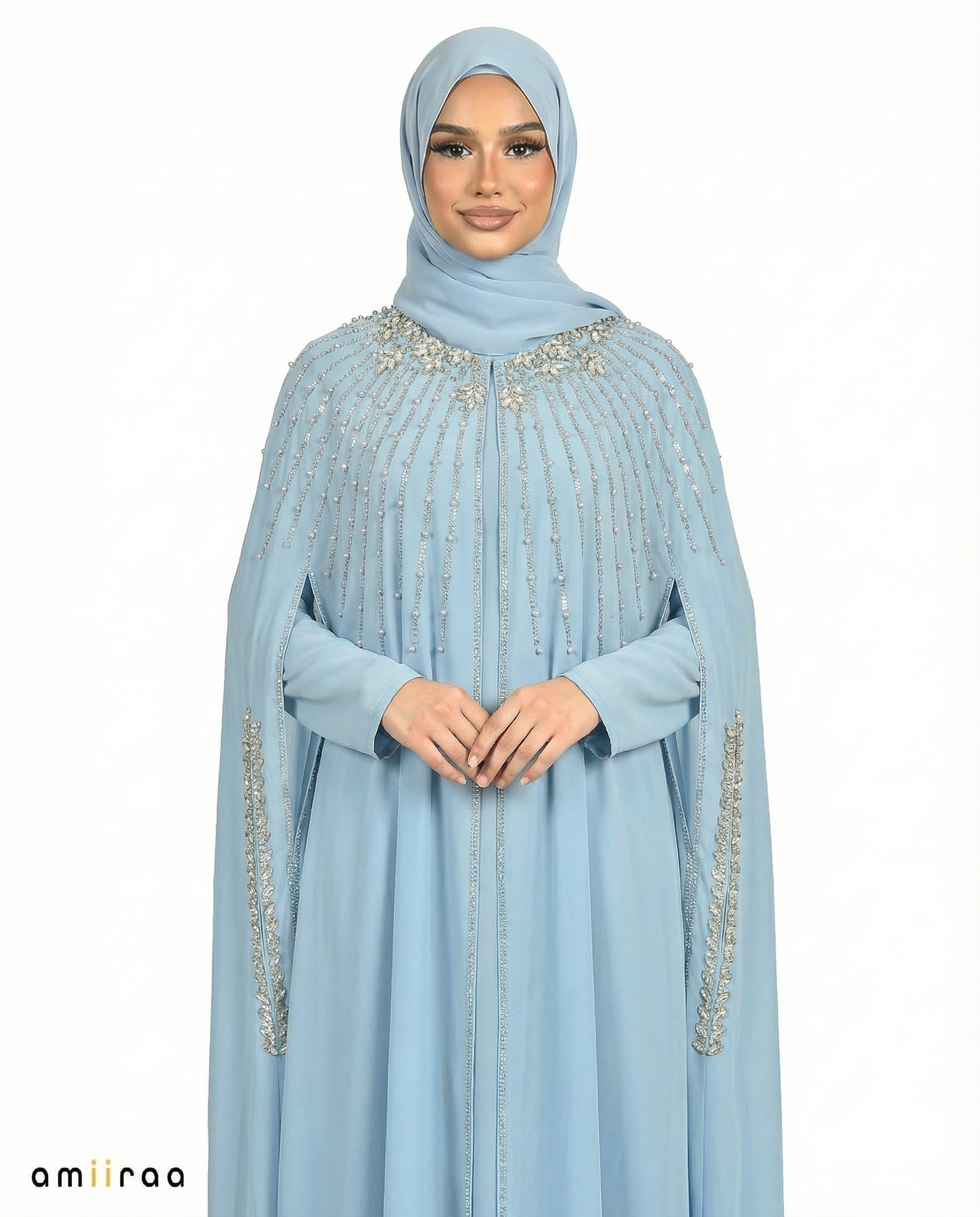Air blue Waterfall Beaded Two-Piece Cloak Abaya