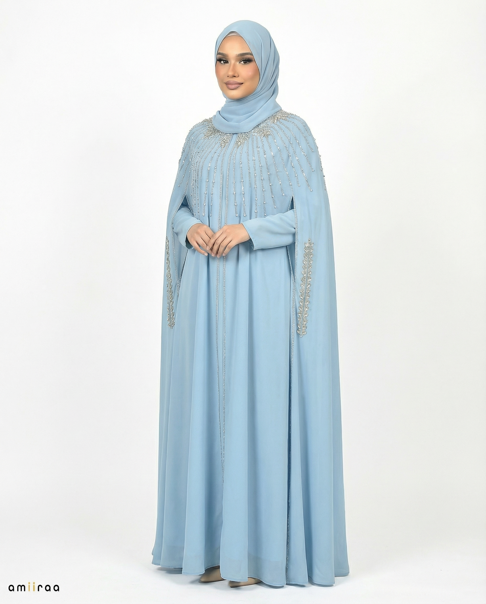 Air blue Waterfall Beaded Two-Piece Cloak Abaya