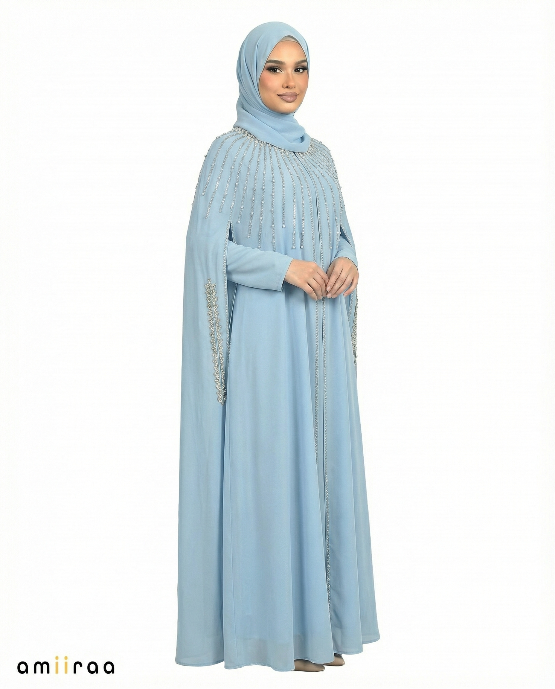 Air blue Waterfall Beaded Two-Piece Cloak Abaya