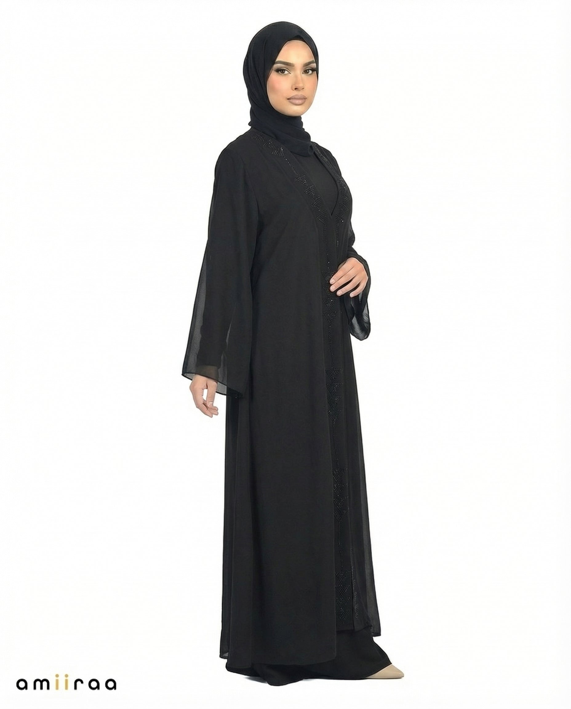 Tap Shoe Elegant Beaded Detail Open Front Abaya