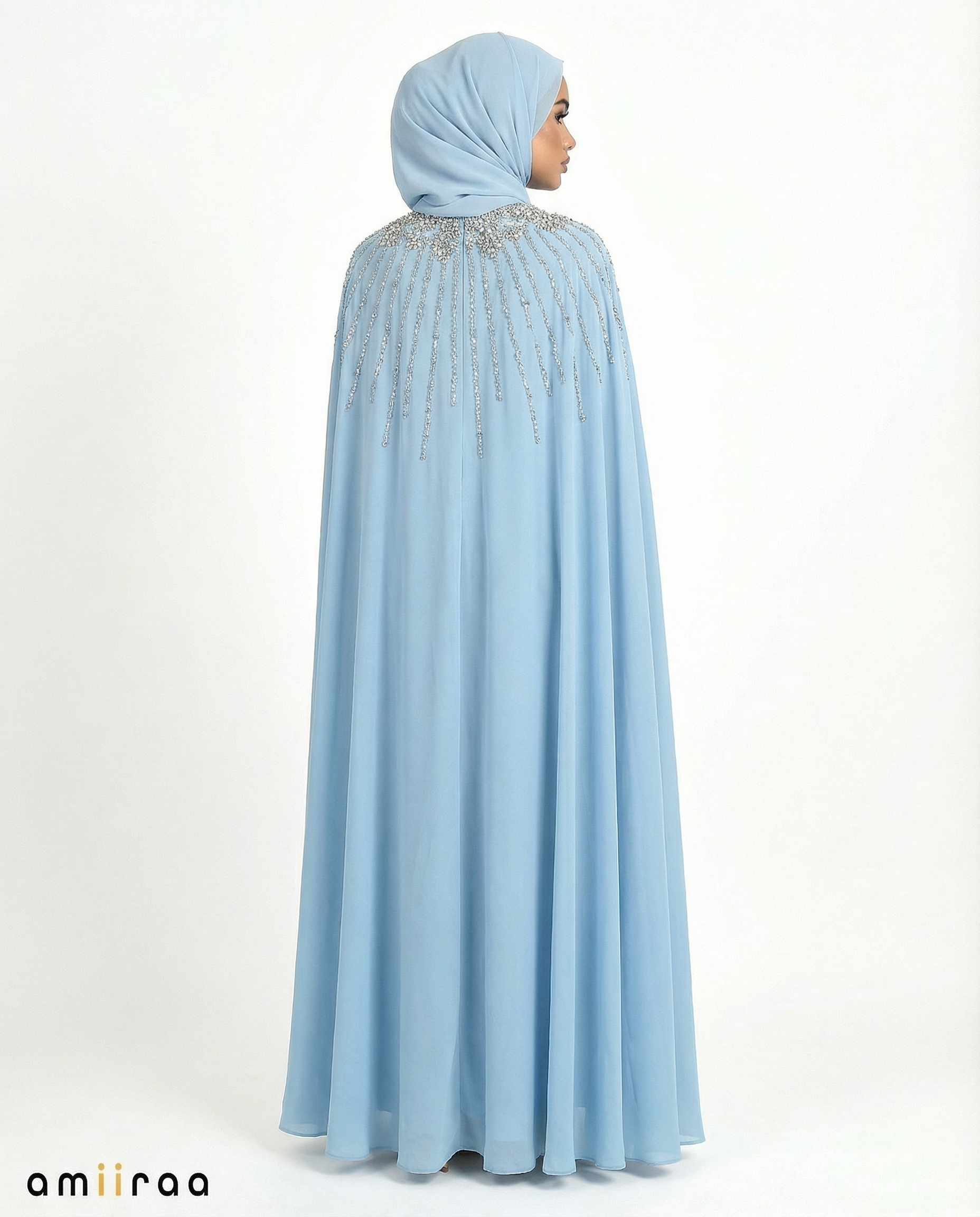 Air blue Waterfall Beaded Two-Piece Cloak Abaya