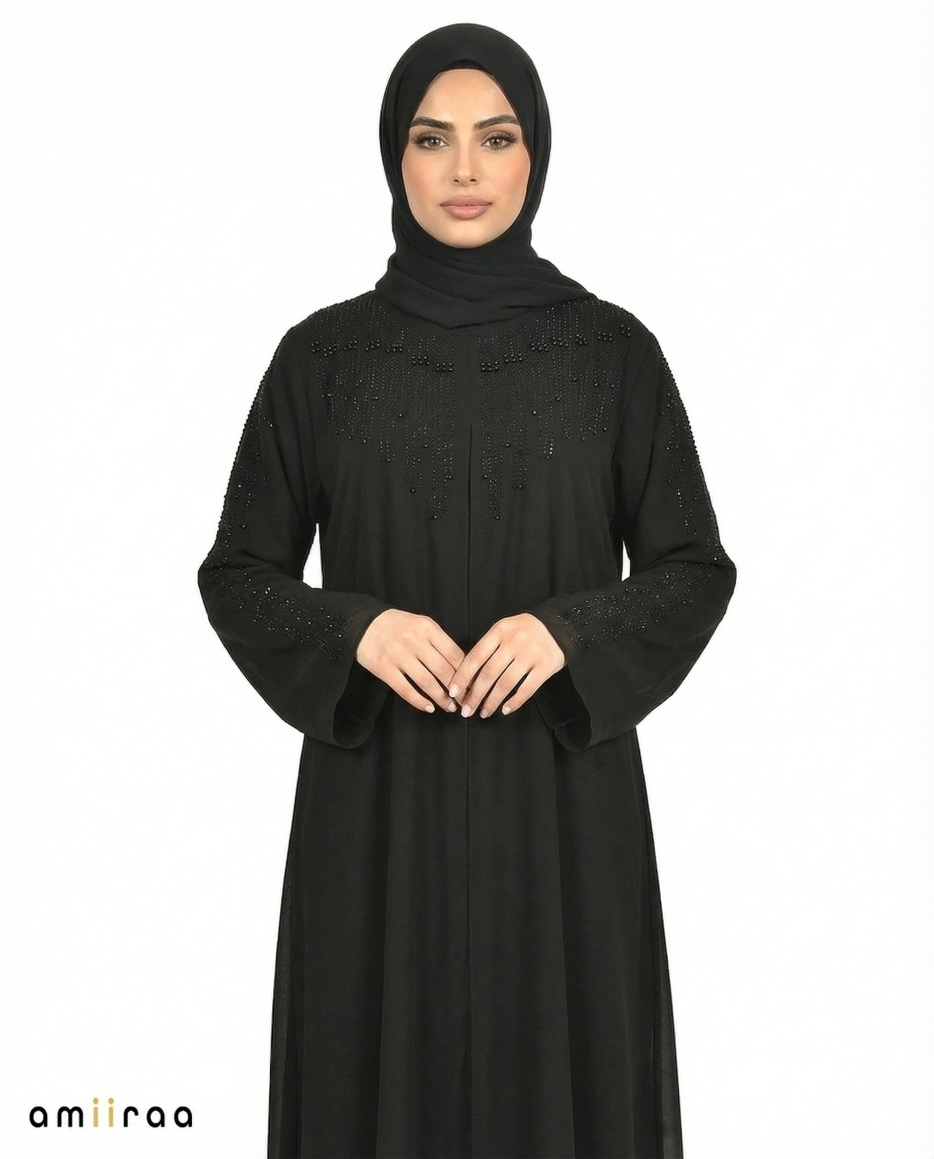 Tap Shoe Crystal Embellished Modest Abaya with Flared Sleeves