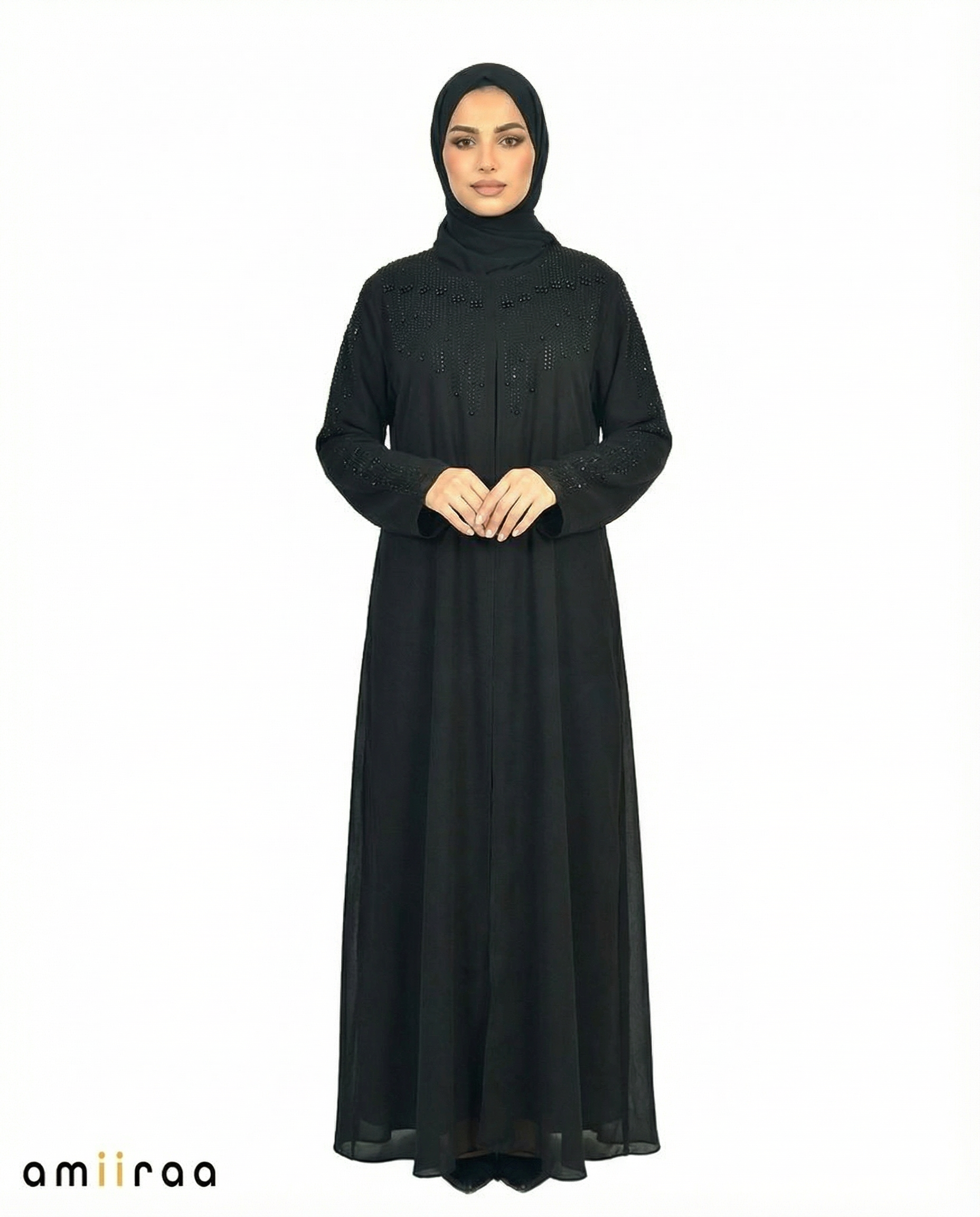 Tap Shoe Crystal Embellished Modest Abaya with Flared Sleeves