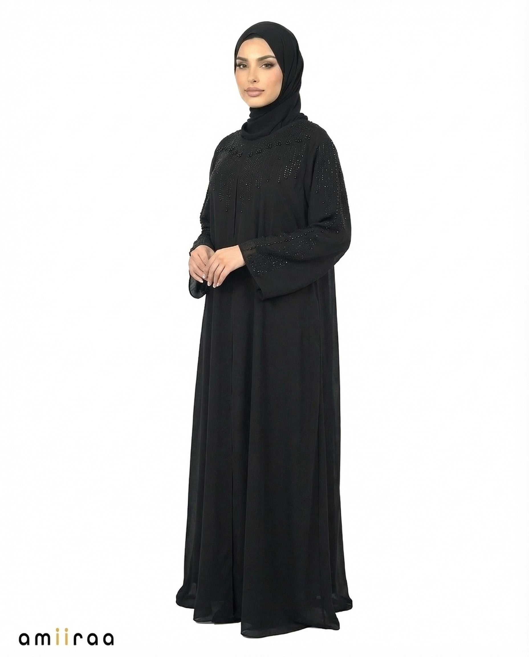 Tap Shoe Crystal Embellished Modest Abaya with Flared Sleeves