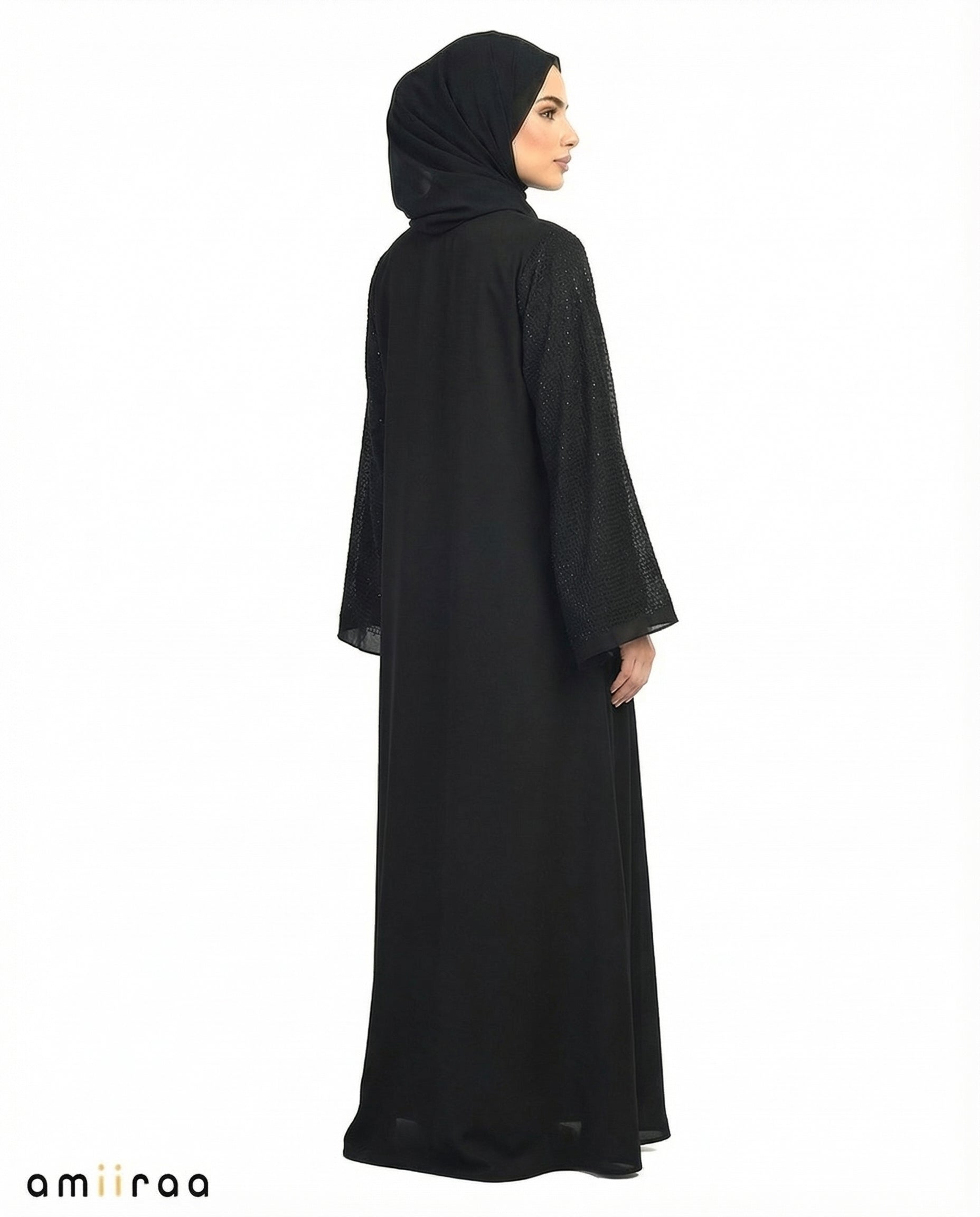 Tap Shoe Crystal Embellished Modest Abaya with Flared Sleeves