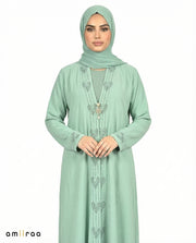 Oil Blue Elegant Embroidered Closed Abaya with Decorative Front Panel