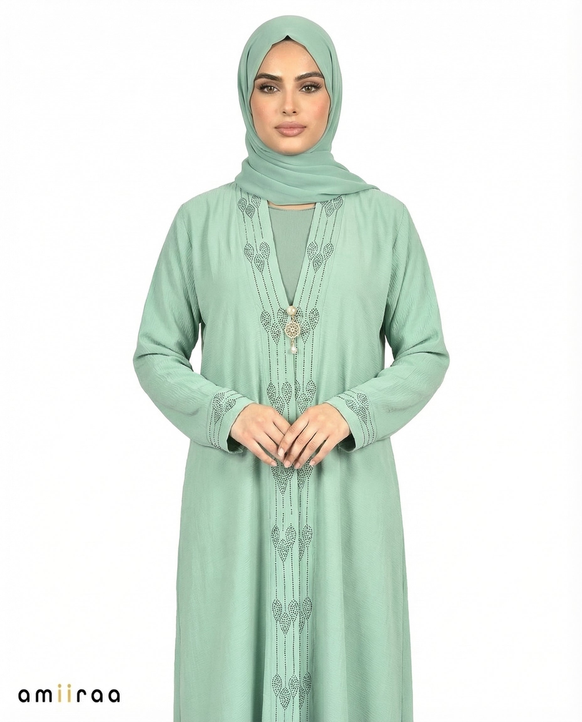 Oil Blue Elegant Embroidered Closed Abaya with Decorative Front Panel