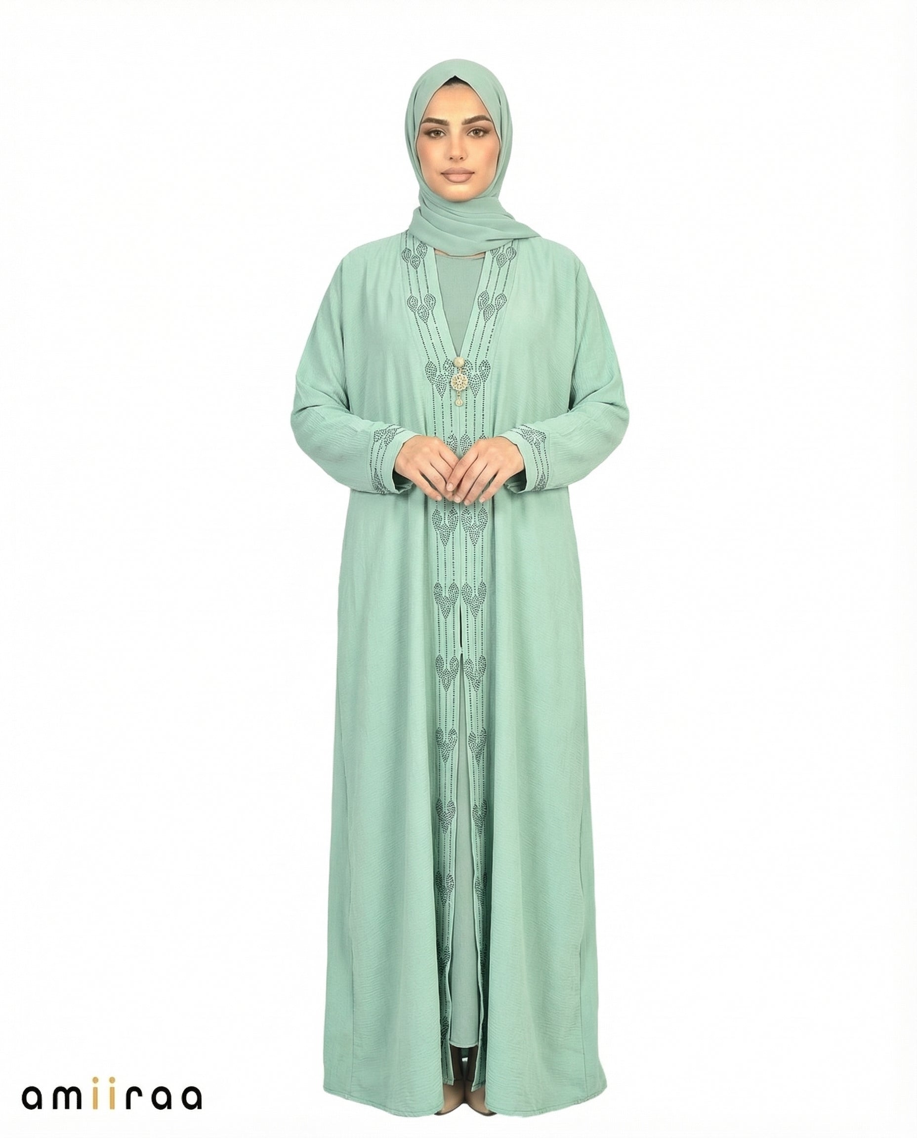Oil Blue Elegant Embroidered Closed Abaya with Decorative Front Panel