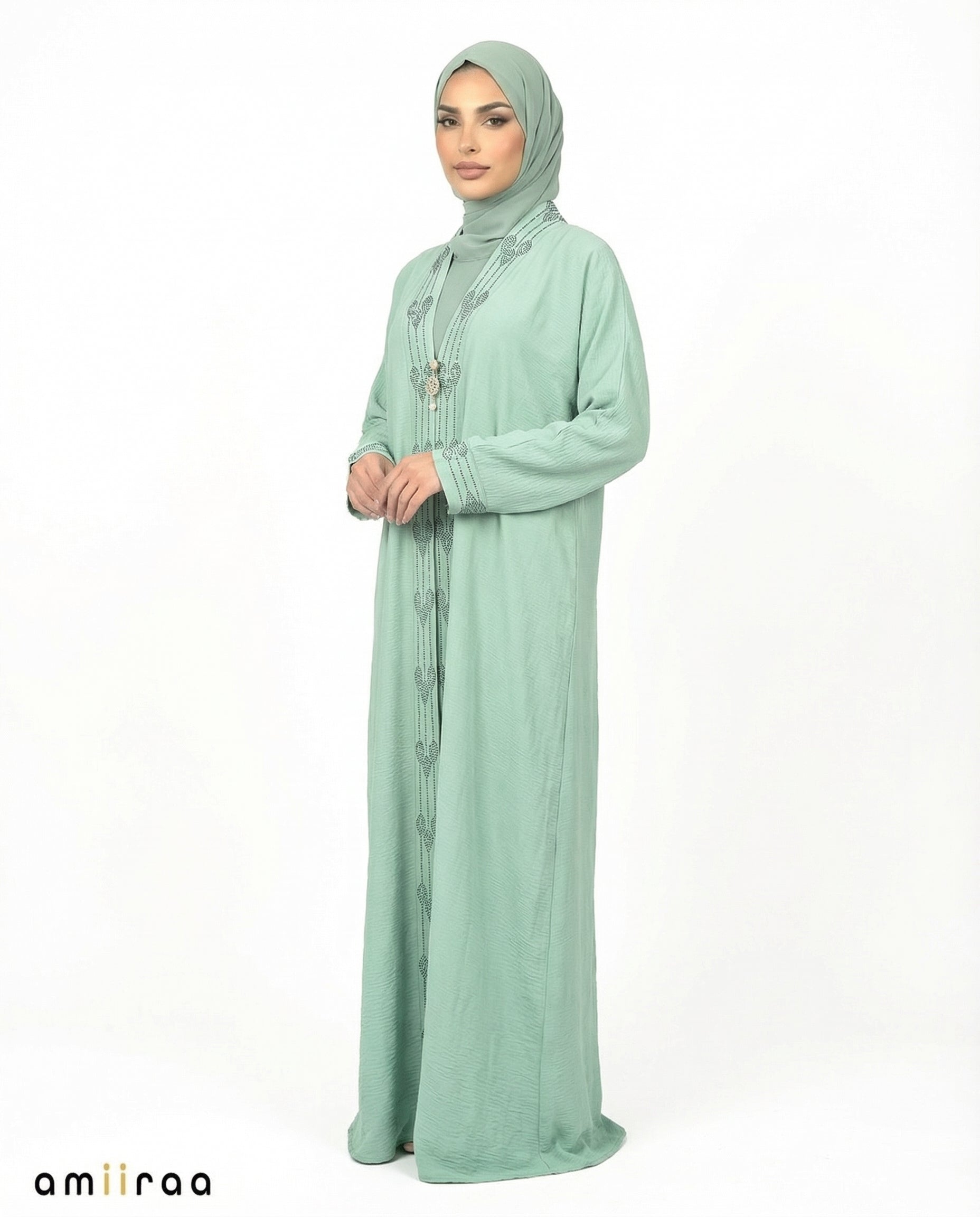 Oil Blue Elegant Embroidered Closed Abaya with Decorative Front Panel