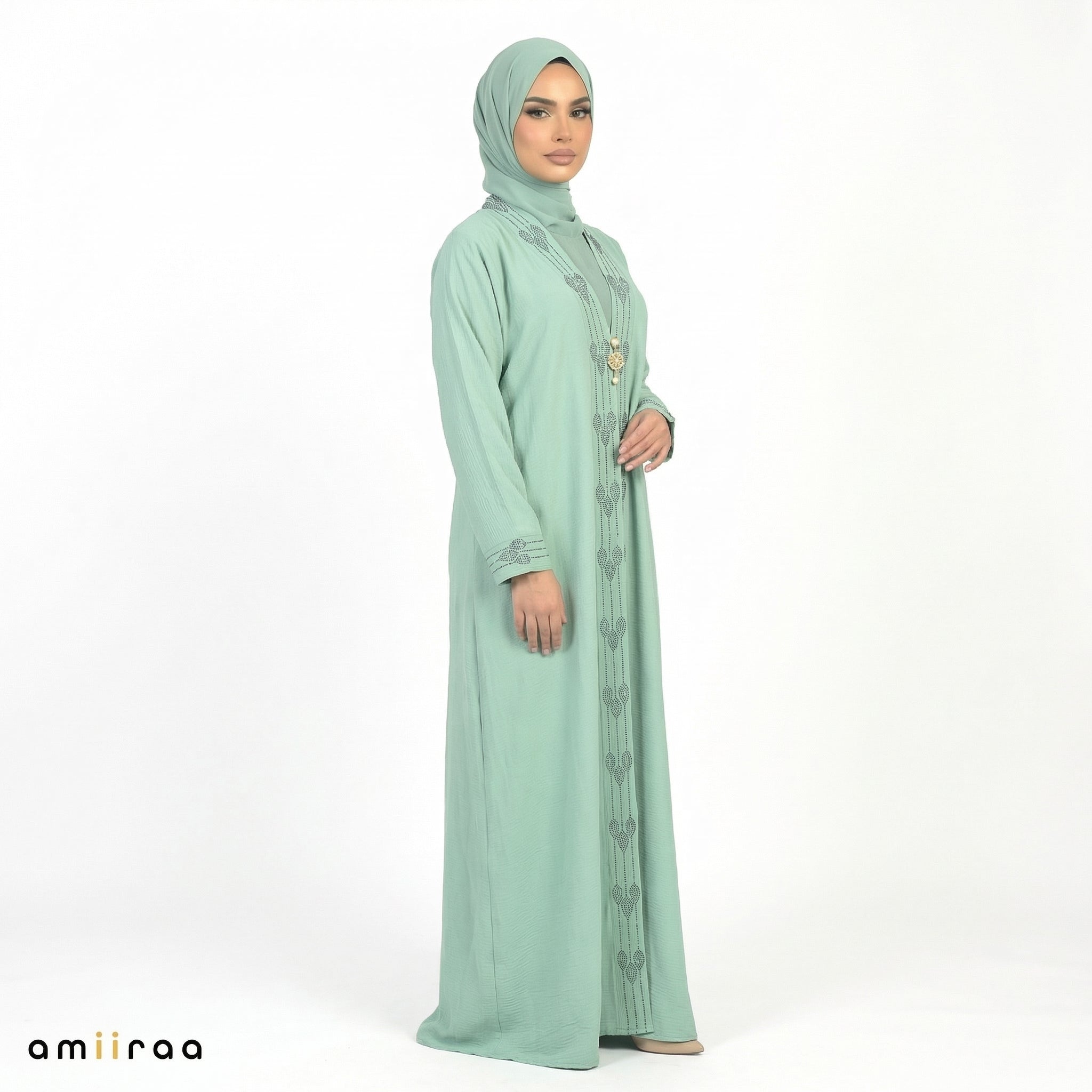 Oil Blue Elegant Embroidered Closed Abaya with Decorative Front Panel