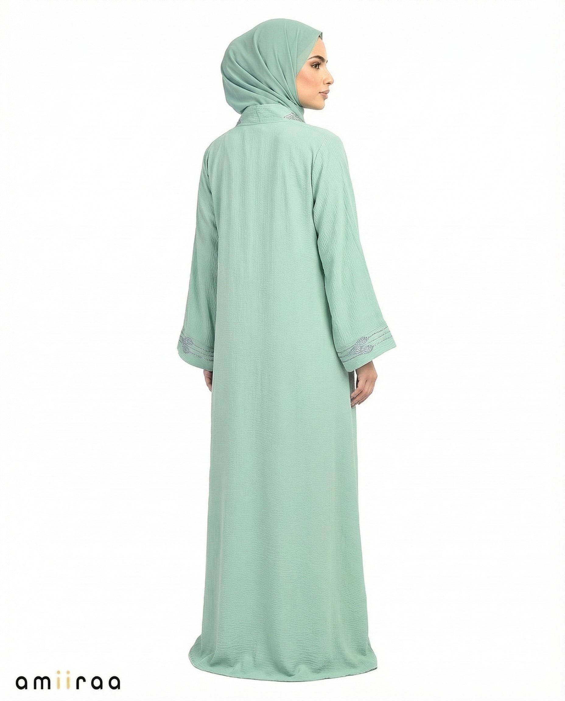 Oil Blue Elegant Embroidered Closed Abaya with Decorative Front Panel