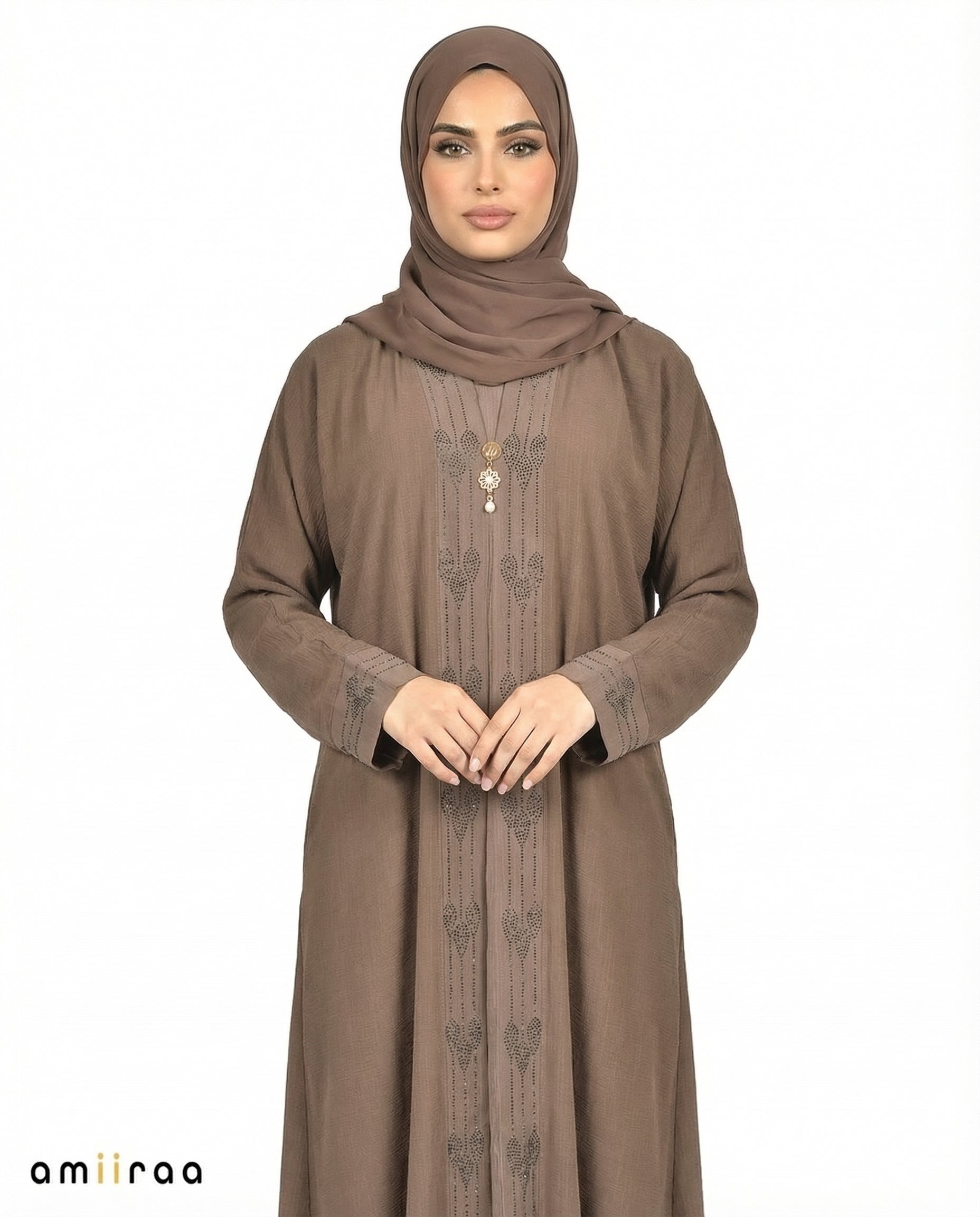 Major Brown Elegant Embroidered Closed Abaya with Decorative Front Panel