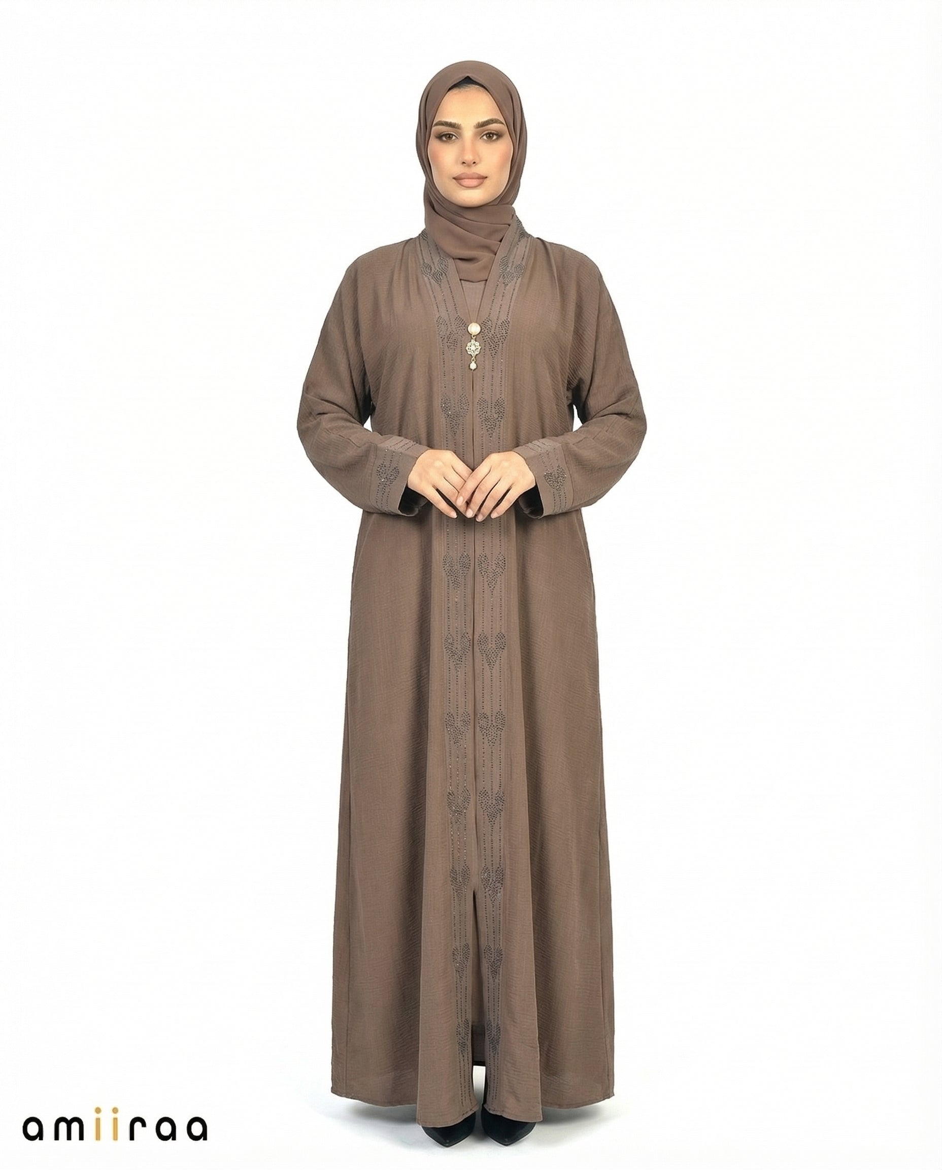 Major Brown Elegant Embroidered Closed Abaya with Decorative Front Panel