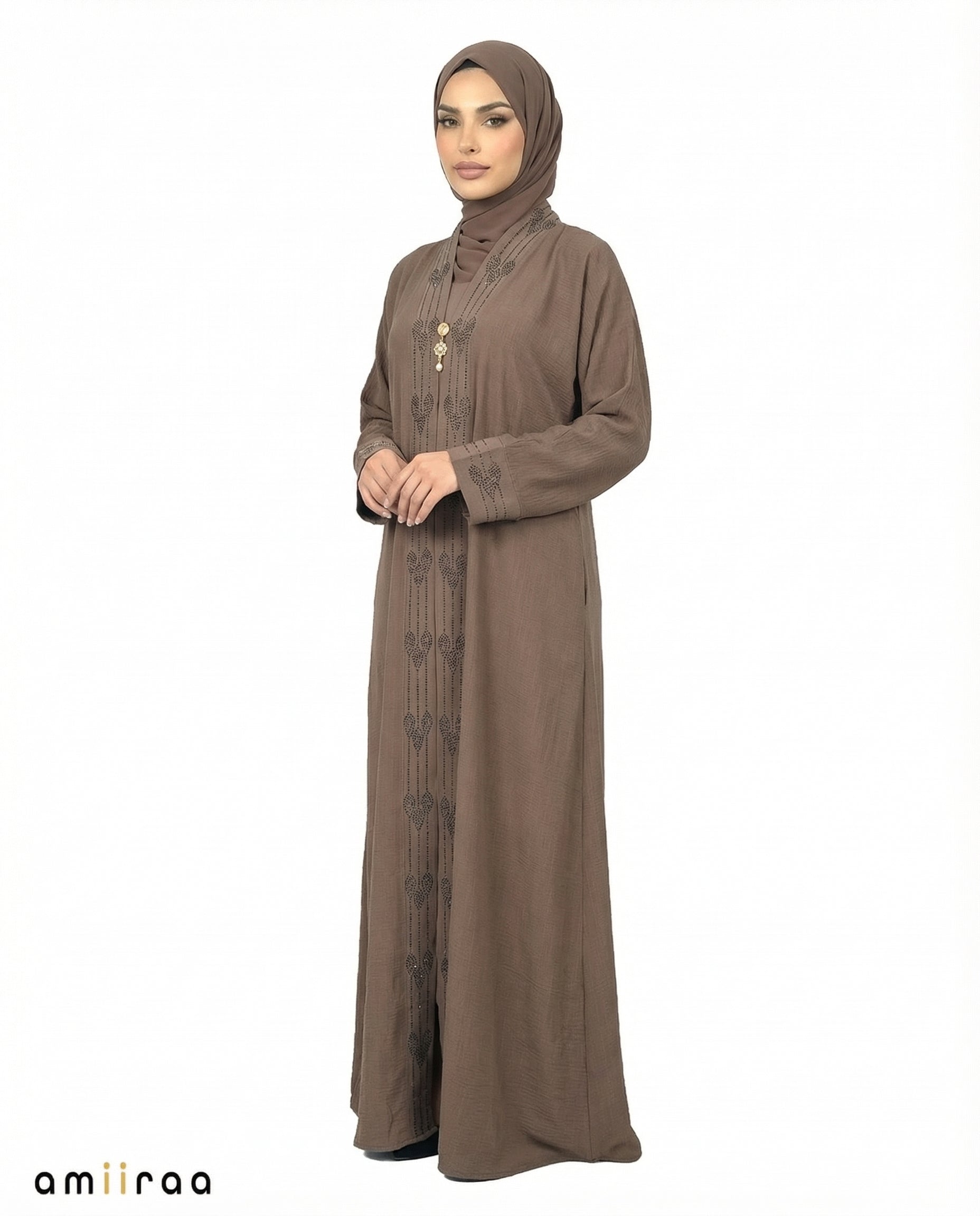Major Brown Elegant Embroidered Closed Abaya with Decorative Front Panel